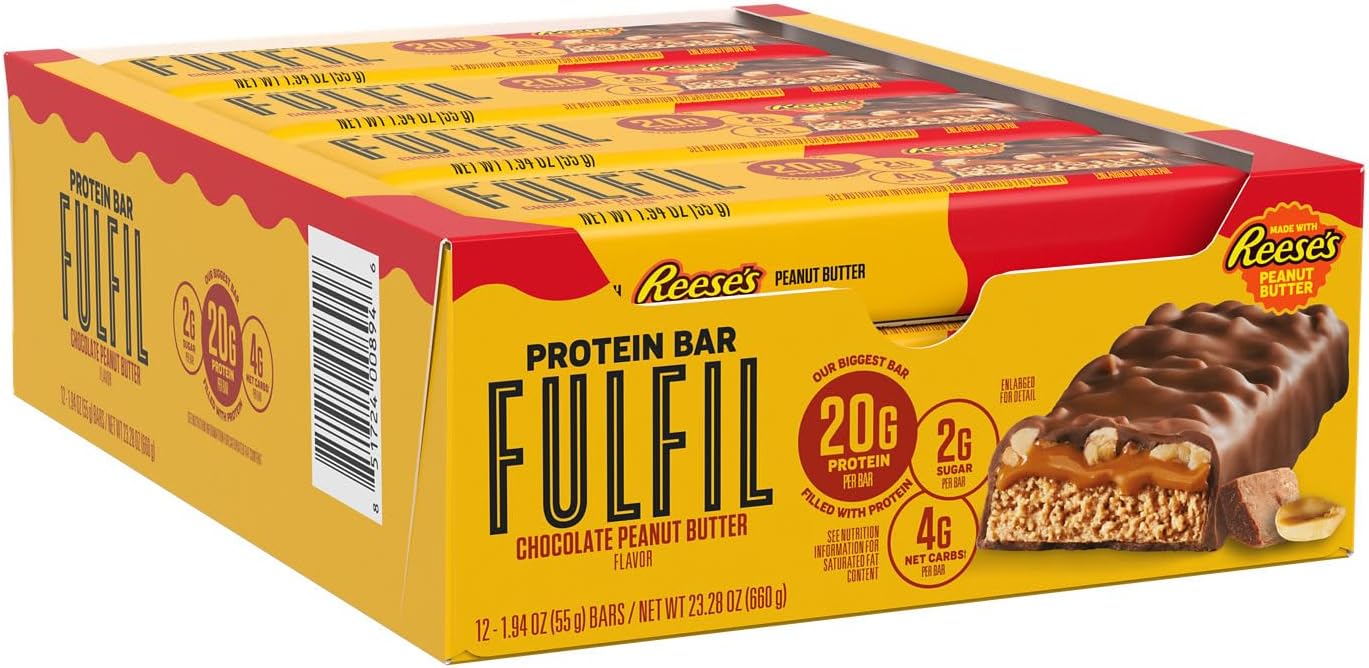 FULFIL Chocolate Peanut Butter Flavored Protein Bar Made with REESE's Peanut Butter, Gluten Free with 20g Protein, Pantry Staples, 12 Count