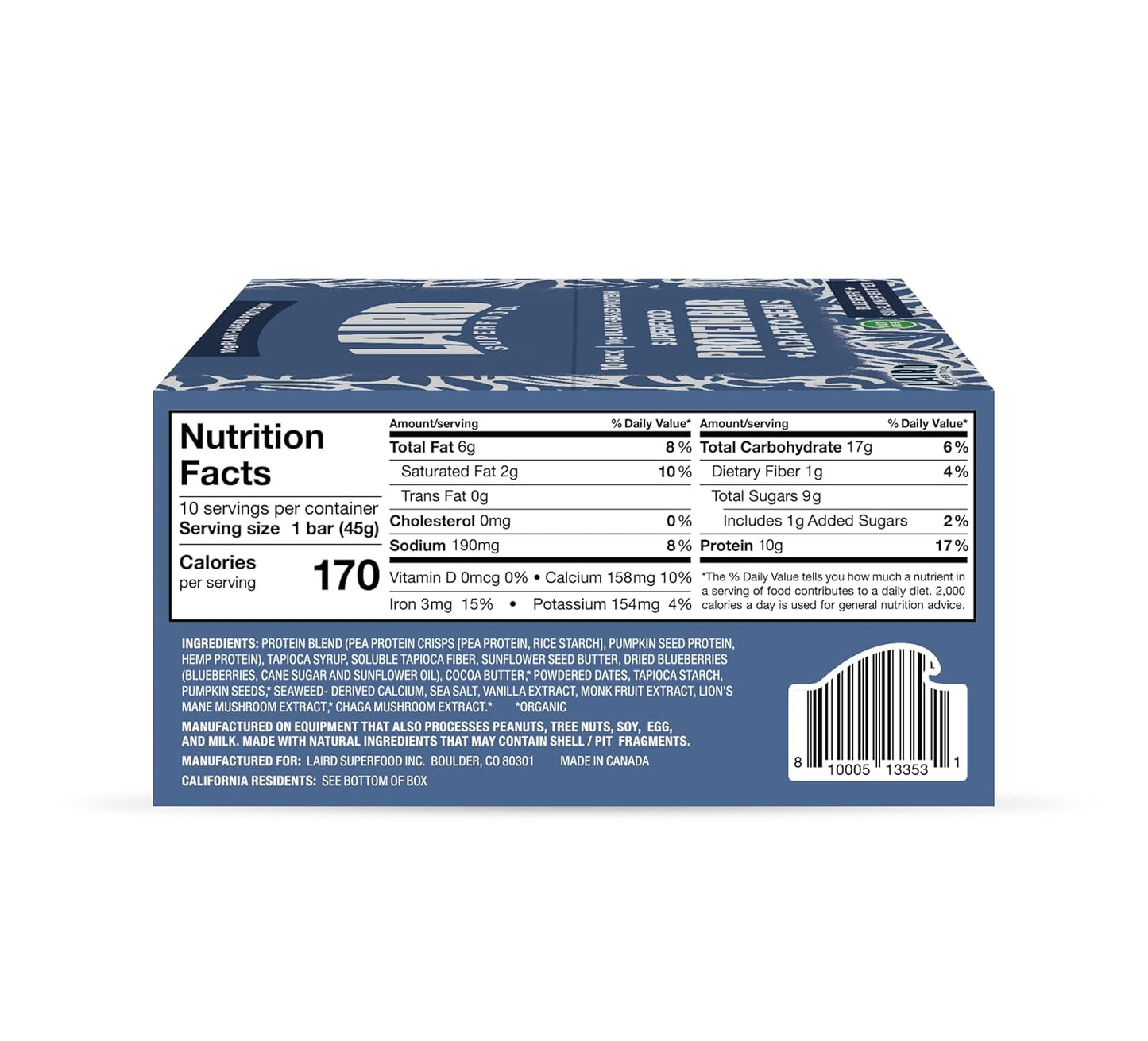 Laird Superfood Functional Protein Bars, Protein Bar but Better with Real Ingredients, Functional Mushrooms 10g Plant-Based Protein, 6g Fiber, Blueberry Sunflower Butter, 10 Count (Pack of 1)