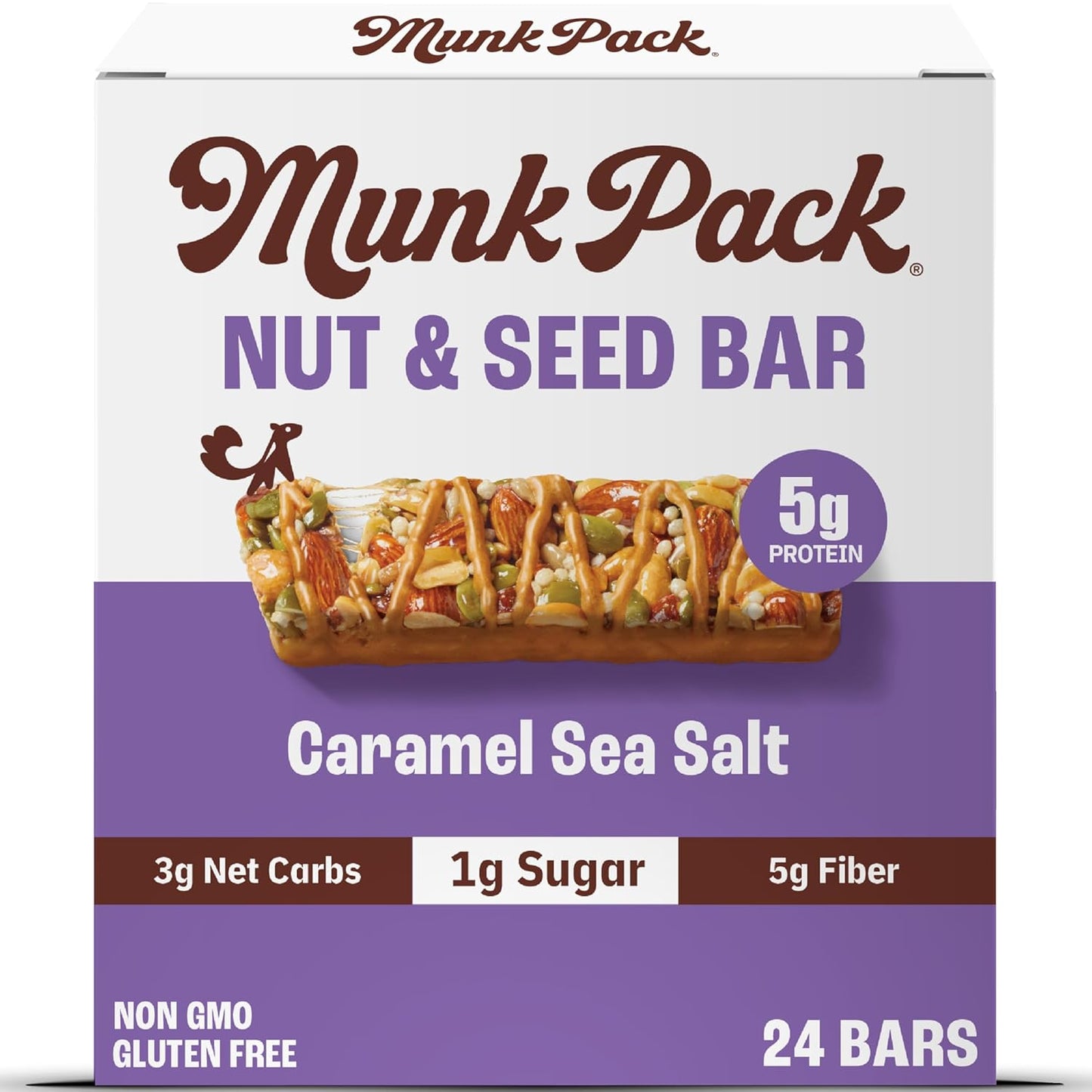 Munk Pack Nut and Seed Snack Bars 5g Protein 1g Sugar 3g Net Carbs Low Sugar Keto and Gluten Free Snack for Adults and Kids Caramel Sea Salt 492 oz 24 Pack