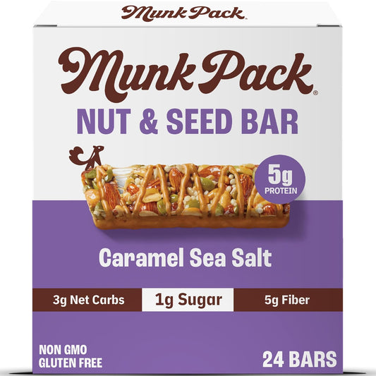 Munk Pack Nut and Seed Snack Bars 5g Protein 1g Sugar 3g Net Carbs Low Sugar Keto and Gluten Free Snack for Adults and Kids Caramel Sea Salt 492 oz 24 Pack