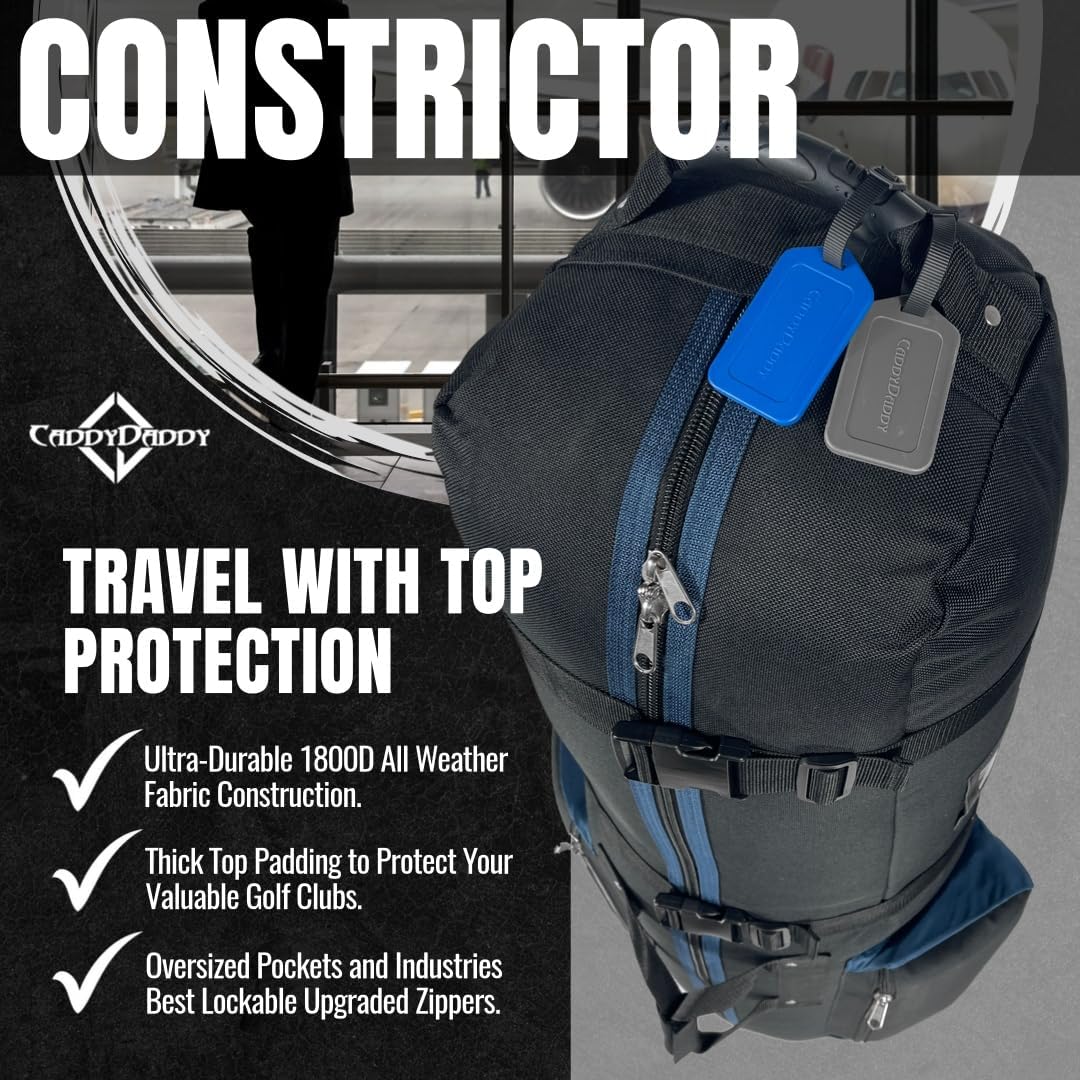 CaddyDaddy Constrictor Soft-Sided Golf Travel Bag Cover with Thick Dense Foam Padded Top 1 Year Full Travel Bag Replacement Coverage | Wheels & Lockable Zippers Case for Transporting Clubs on Airlines