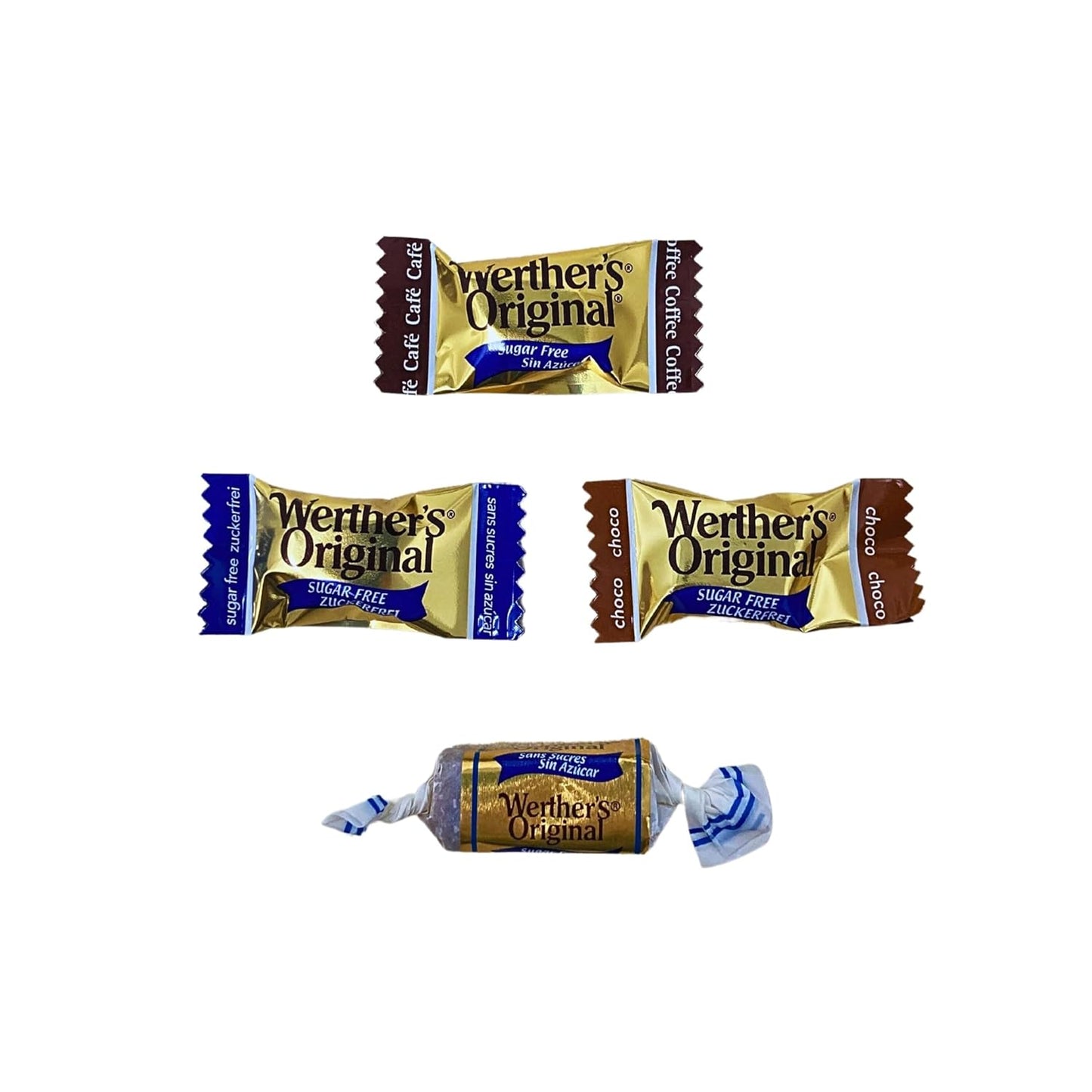 Werther's Original Premium Sugar Free Hard & Soft Chewy 4 Flavors Assortment 1-Lb Creamy Caramel, Rich Chocolate, Smooth Coffee Hard Candies And Soft Caramel Chews, Keto And Diabetic Friendly Individually Wrapped Variety Pack (16oz)
