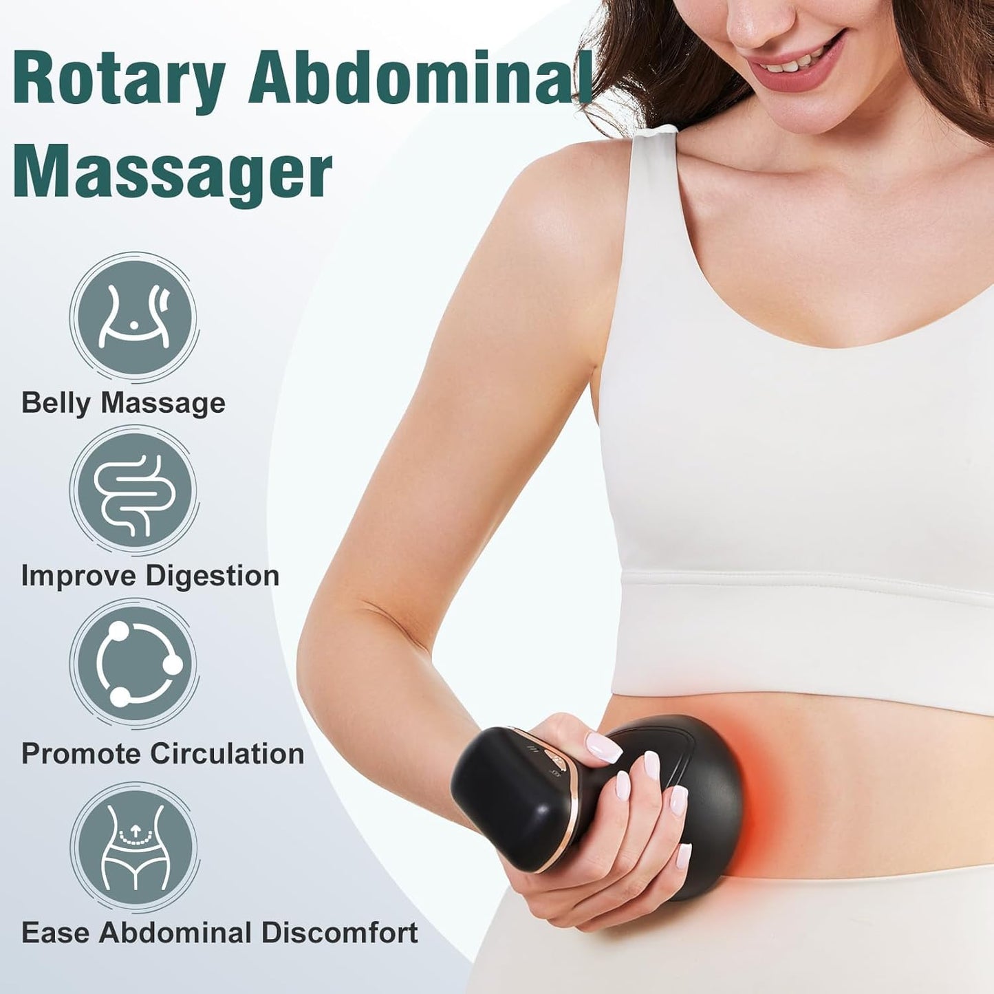 Rotary Abdominal Massager with Heat & Red Light, Handheld Cordless Stomach Massager for Digestion, Cellulite Reduction, Body Sculpting - Portable Lymphatic Drainage Tool for Belly, Legs, Thighs
