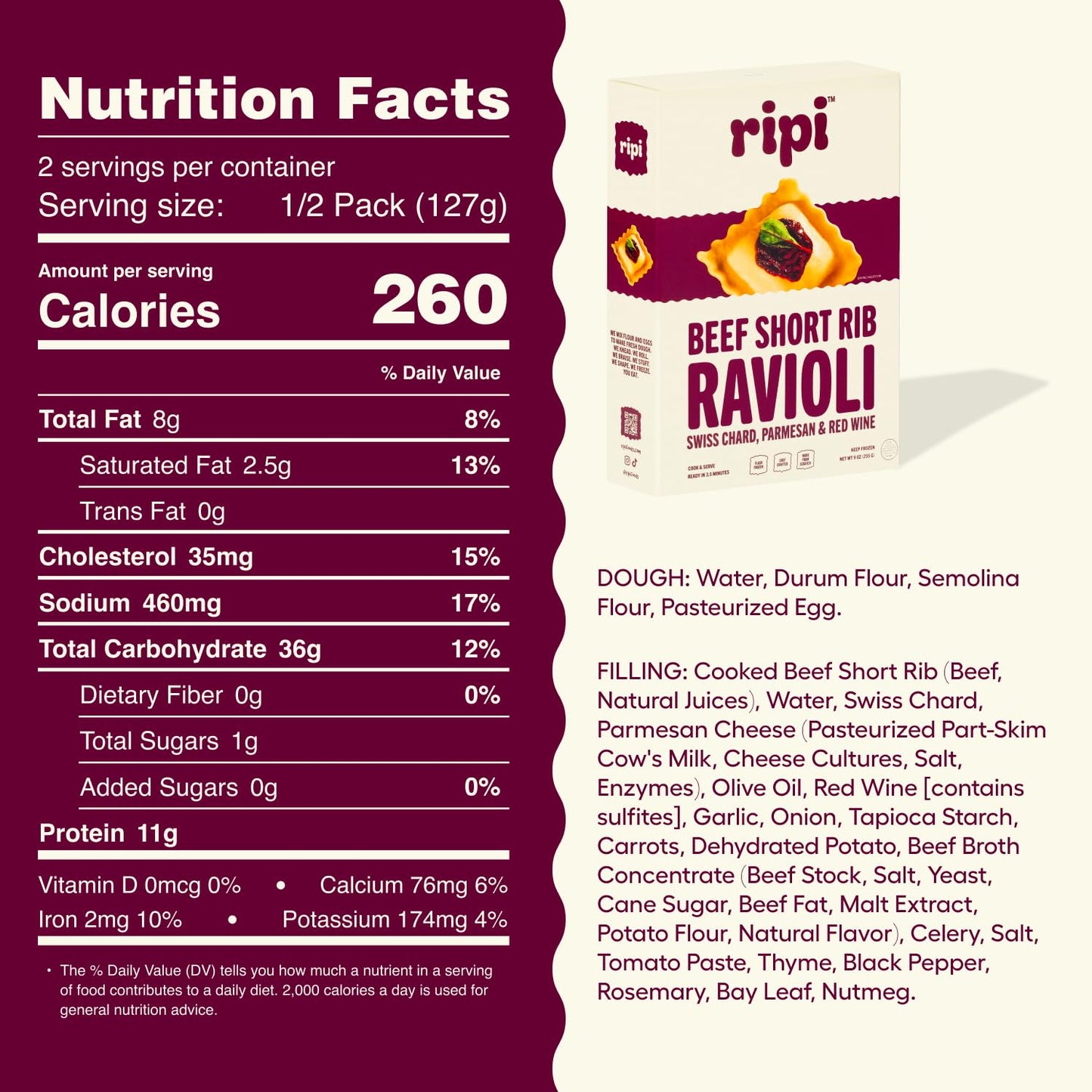 Ripi Braised Short Rib Ravioli - Red Wine, Swiss Chard & Parmesan - Frozen Pasta Meal - Ready in Under 5 Minutes, 9oz packs (6 Pack, Beef Short Rib)