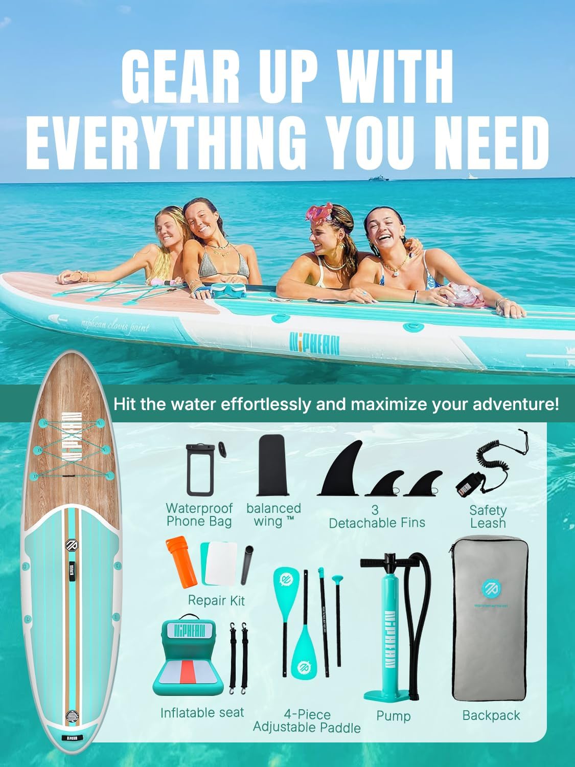 Niphean Inflatable Stand Up Paddle Board with SUP Accessories, Anti-Slip EVA Deck, 10’6’’ Inflatable Paddle Boards for Adults & Youth of All Skill Levels