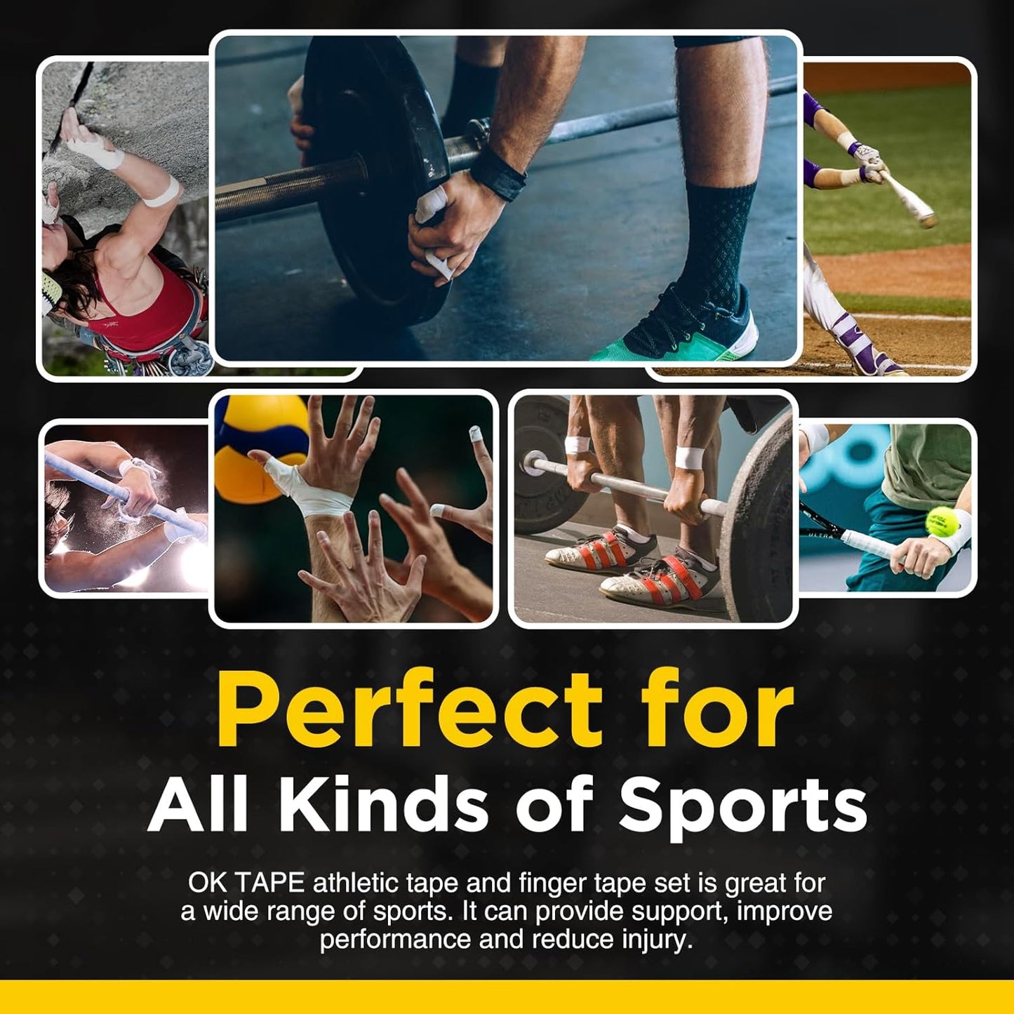 OK TAPE Athletic Tape Finger Tape, Extra Strong Adhesive Sports Tape for Weightlifting, Climbing, Basketball, Volleyball, Black 3 Rolls 1.5" x 15yds and 1 Roll 0.5in x 15yds