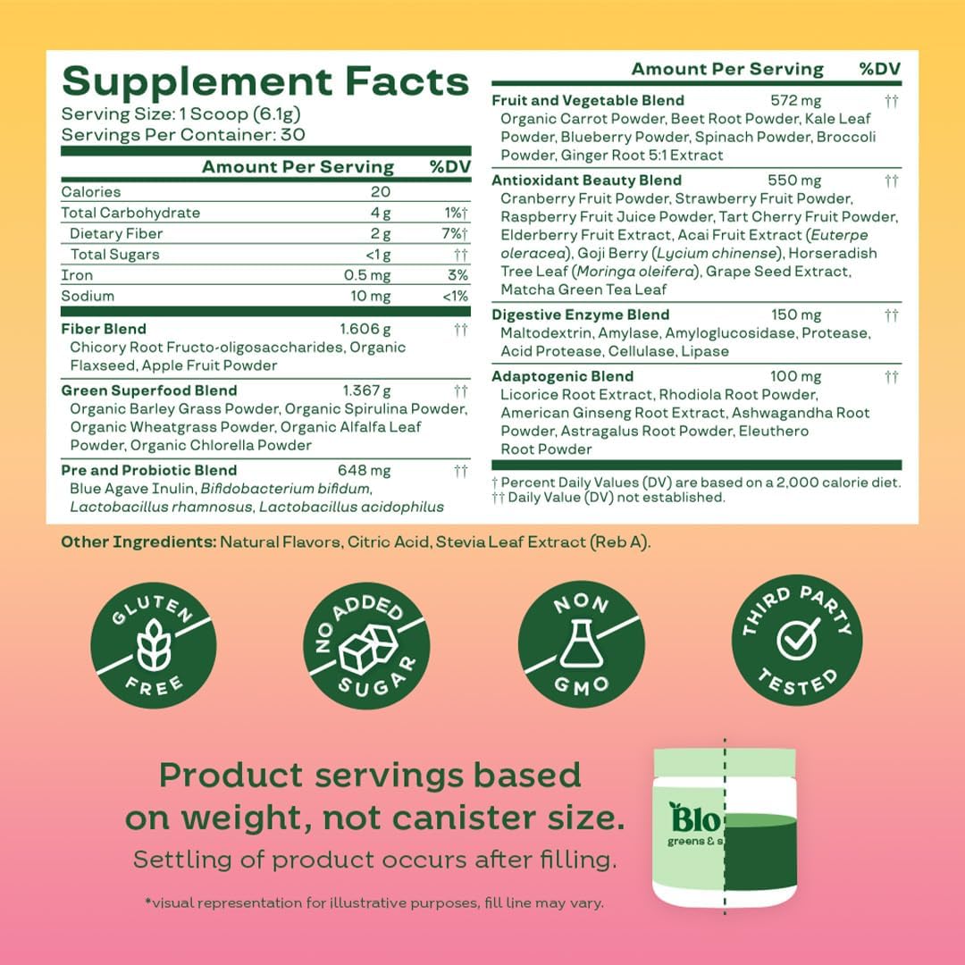 Bloom Nutrition Superfood Greens Powder, Digestive Enzymes with Probiotics and Prebiotics, Gut Health, Bloating Relief for Women, Chlorella, Juice Mix w/Beet Root Powder, 30 SVG, Orange Passionfruit