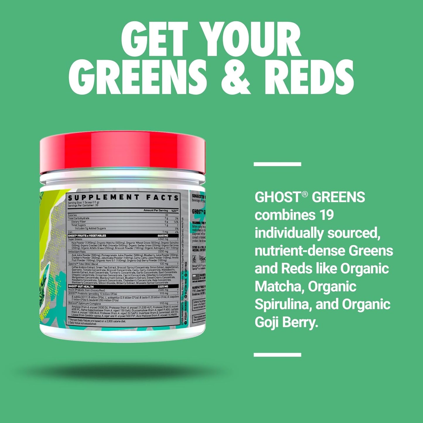 GHOST Greens Powder, Lime - 30 Servings - 19 Superfood Greens & Reds Powder, Fruits, Vegetables, Spirulina, & Chlorella, Prebiotics, 10 Billion CFU Probiotic & Digestive Enzymes - Gluten-Free