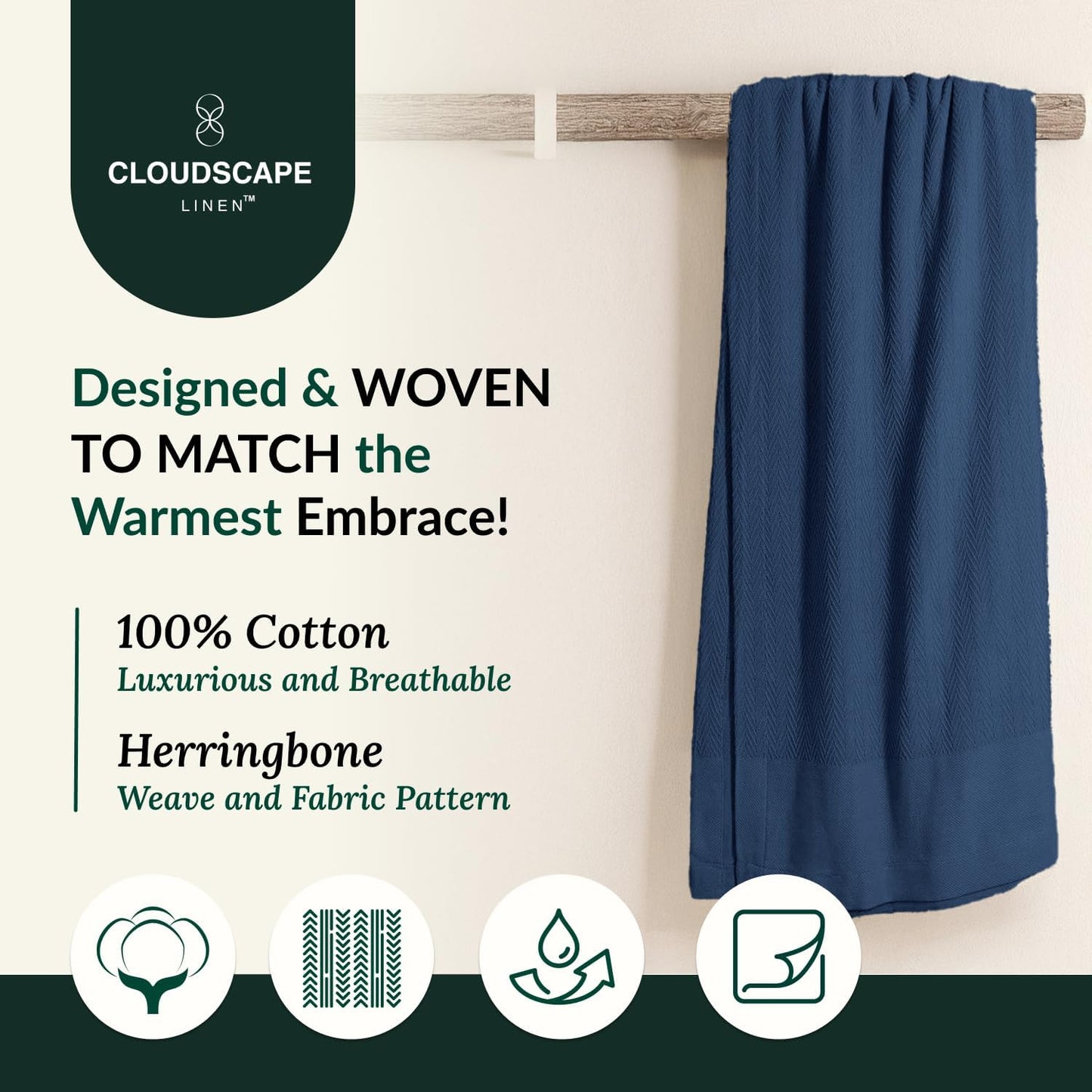 Cloud Scape Linen 100% Cotton Queen Size Blanket, Herringbone Pattern, Lightweight Summer Blanket,Best Gifts for Women, fits Full Size Bed, 92 x 92, Ensign Blue