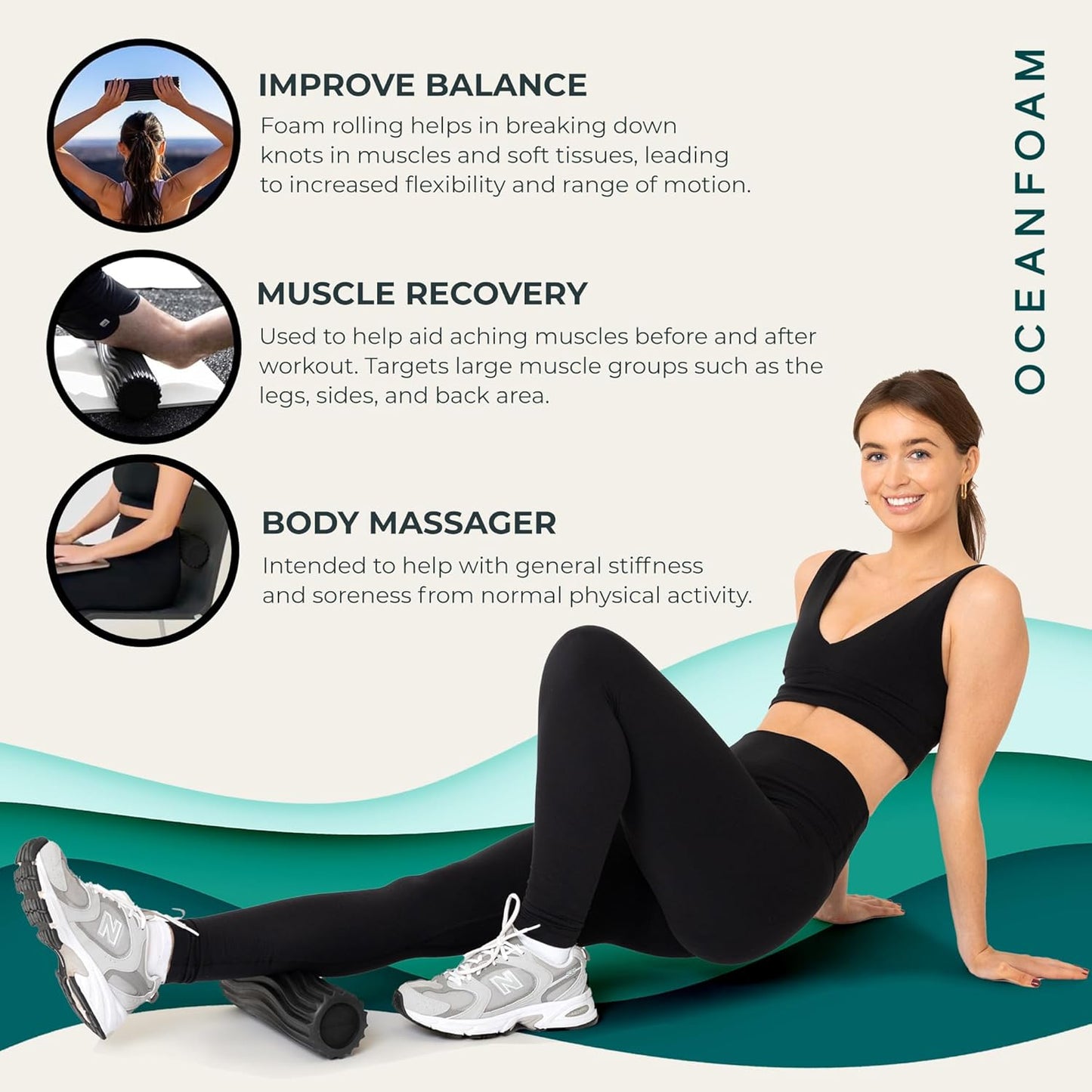 Oceanfoam Ripple Travel Foam Roller (11" x 3.35") Firm Mini Foam Roller for Physical Therapy, Deep Tissue Massage, Back Pain - High Density, Ergonomic Wave Textured - Yoga, Pilates, Exercise (Black)