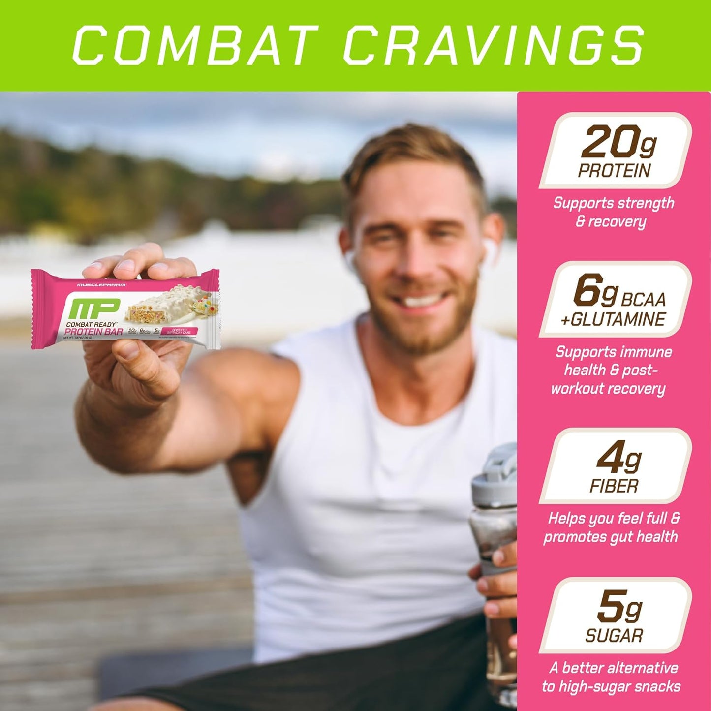 MusclePharm Combat Ready Protein Bar, Confetti Cake High Protein Bars, Combat Cravings, Fuel Performance & Meet Energy Demands, 20g Protein from Whey Protein, 4g Fiber, Gluten Free, 12 Bars