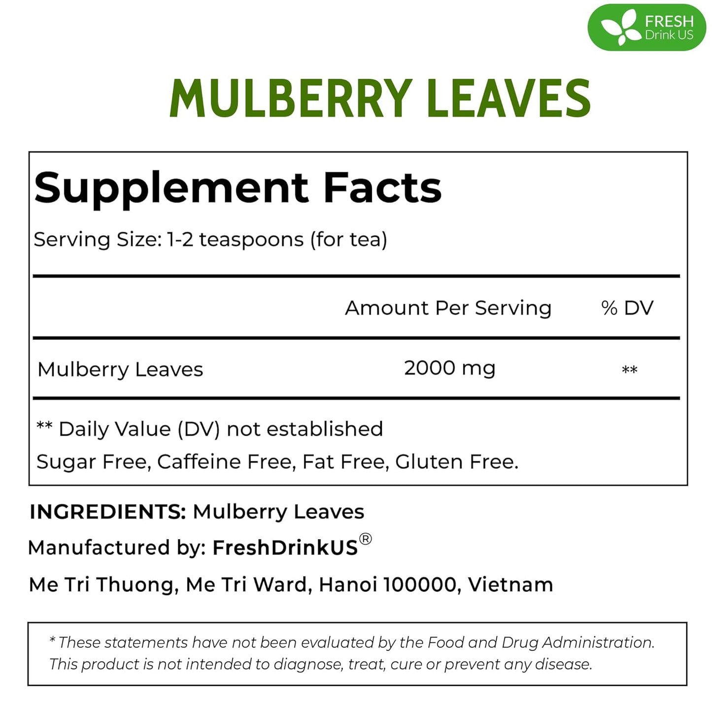 FreshDrinkUS, Permium 2oz Mulberry Leaves, 100% Natural & Pure from Mulberry Leaves, Mulberry Leaf Tea, Mulberry Loose Leaf Herbal Tea, No Additives, No Caffeine, Vegan