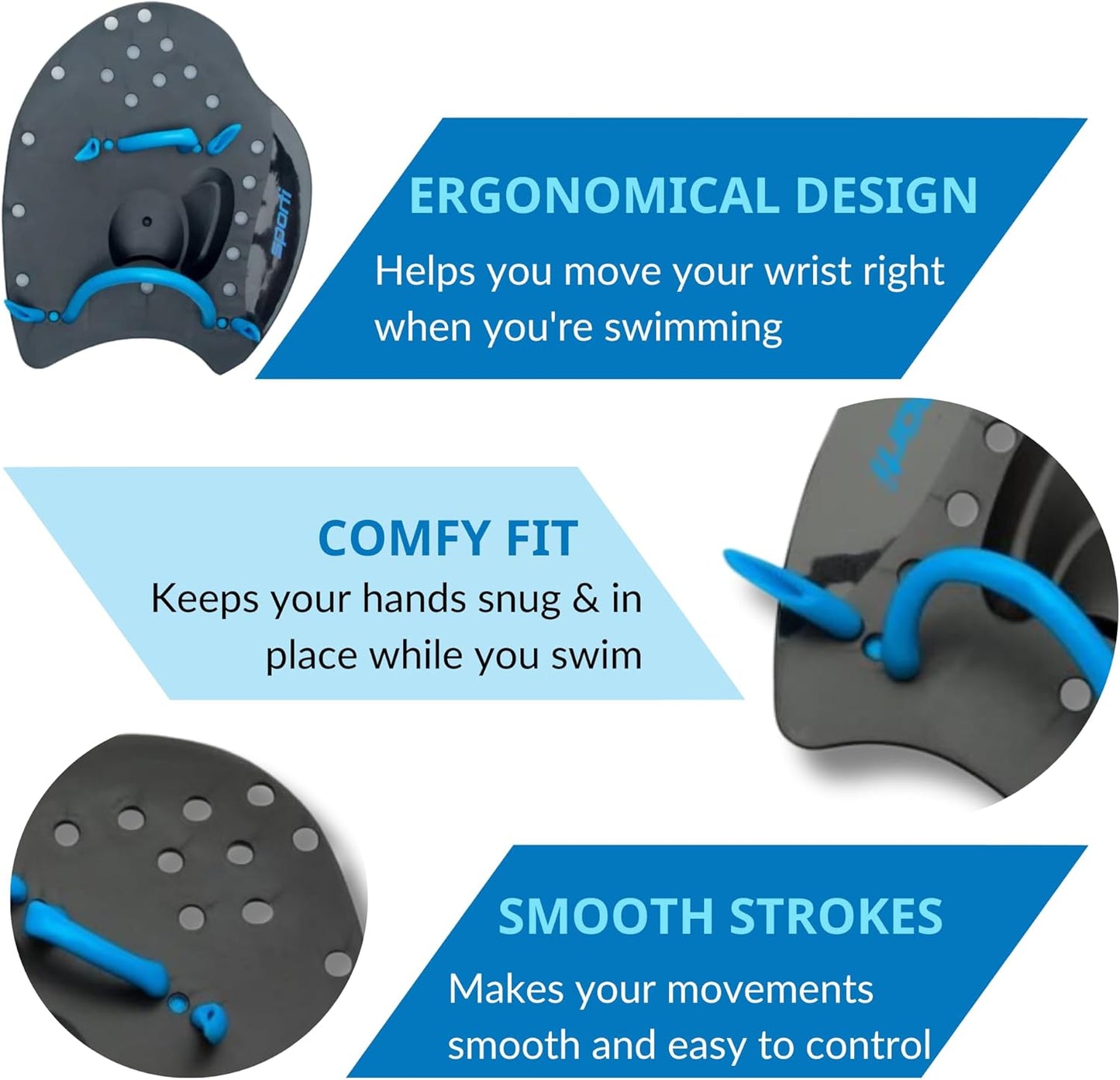 𝗦𝗽𝗼𝗿𝘁𝗶 Power Swim Paddles for Lap Swimming - Adjustable Straps - Lap Swimming Gears - Hand Paddles for Adults & Kids