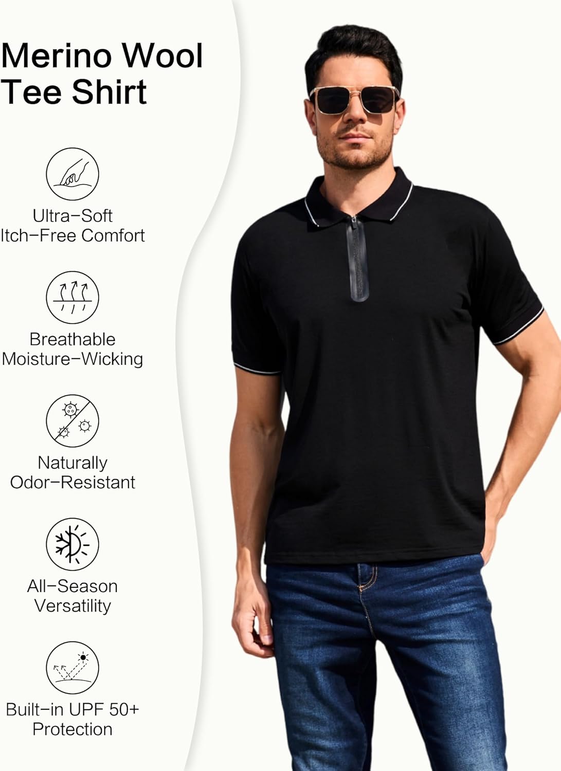 Merino Wool Polo Shirts for Men for Work Sport, Lightweight Breathable Moisture Wicking Mens Polo Shirt Short Sleeve