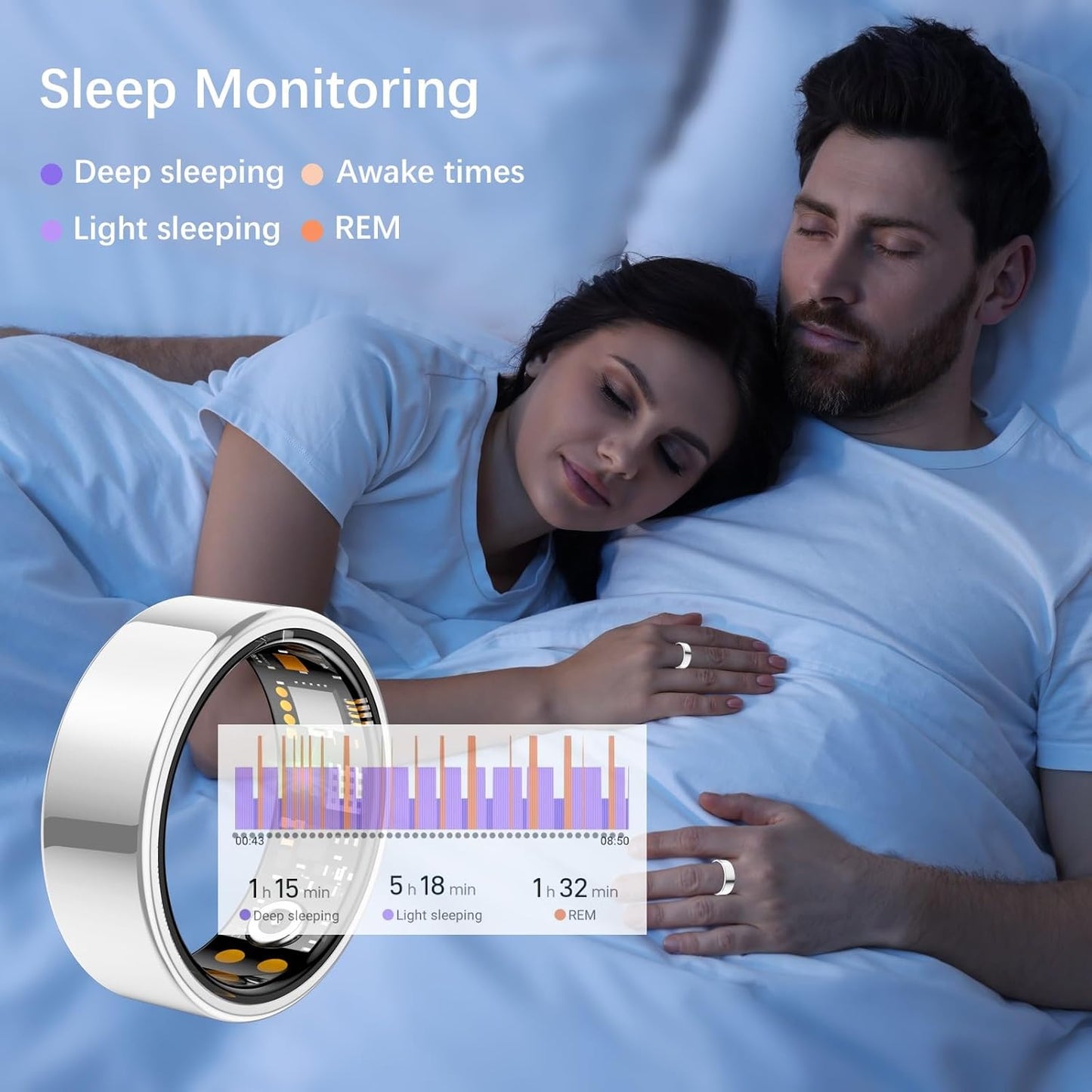 Ring Health Tracker for Women Men, Fit Ring with Heart Rate, Blood Oxygen, Sleep Monitor, Calories, Step Counter, IP68 Waterproof Smart Ring for iPhone & Android, No Subscription Fee (Silver, 14#)