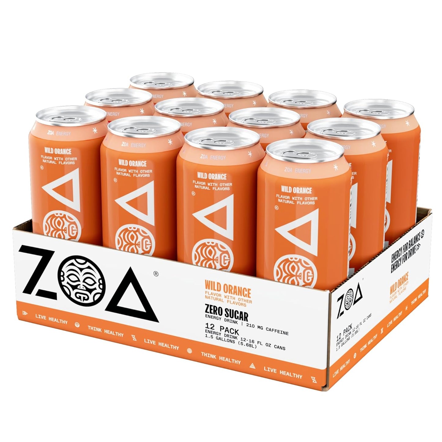 ZOA Zero Sugar Energy Drinks, Wild Orange - Sugar Free with Electrolytes, Healthy Vitamin C, Amino Acids, Essential B-Vitamins, and Caffeine from Green Tea - 16 Fl Oz (12-Pack)
