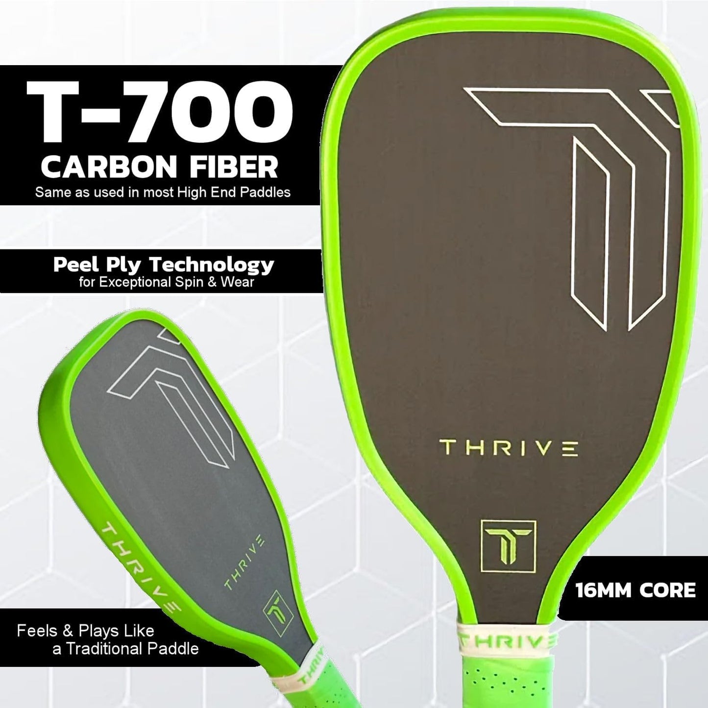 Thrive Pickleball Training Paddle Kit - Includes Trainer Paddle, 3 Fast Hands Mini Pickleballs & Paddle Eraser - T-700 Carbon Fiber, Extra Long Handle, 16mm Core