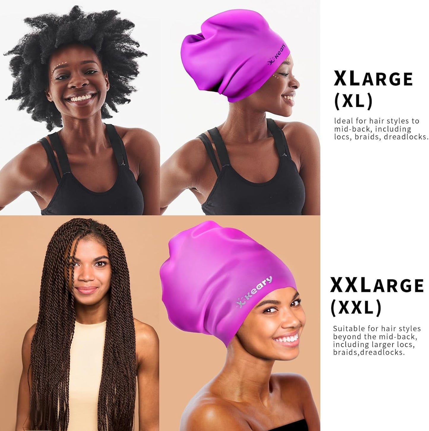 Keary Extra Large Swim Cap for Braids and Dreadlocks Extensions Weaves Long Hair, Waterproof Silicone Cover Ear Bath Pool Shower Swimming Cap for Adult Youth to Keep Hair Dry, Easy to Put On and Off