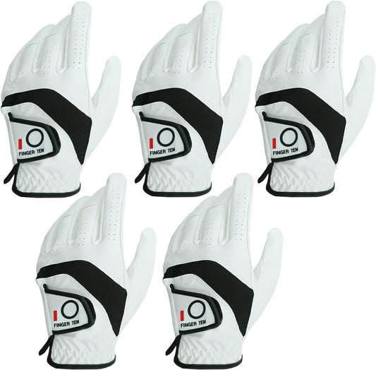 FINGER TEN Golf Gloves Men Left Hand Right Leather Value 5 Pack, Mens Golf Glove for Right Left Handed Golfer All Weather Grip Small Medium ML Large XL XXL 3XL