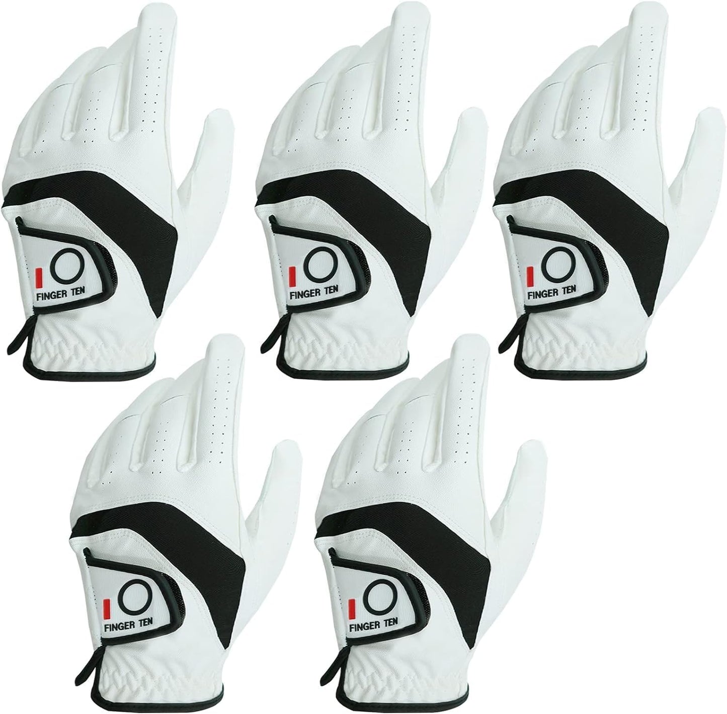 FINGER TEN Golf Gloves Men Left Hand Right Leather Value 5 Pack, Mens Golf Glove for Right Left Handed Golfer All Weather Grip Small Medium ML Large XL XXL 3XL