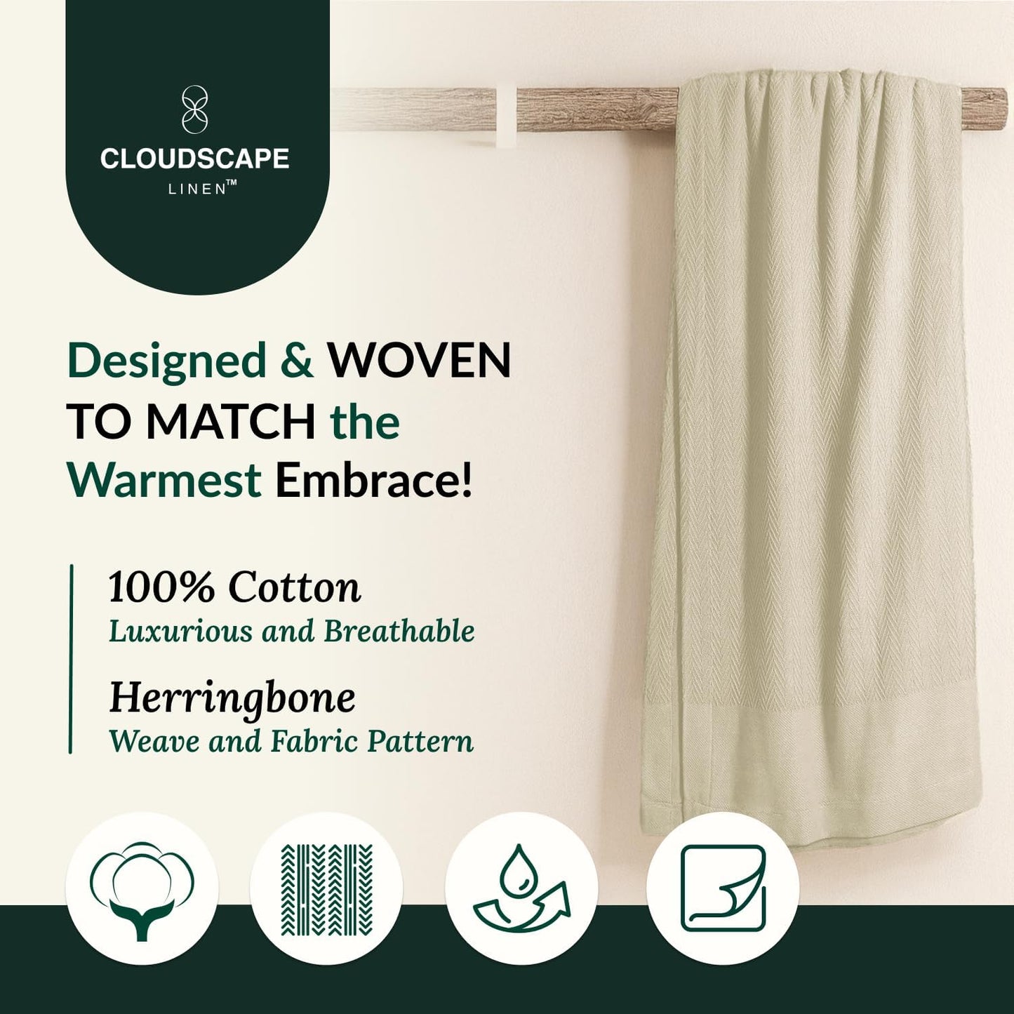 Cloud Scape Linen 100% Cotton Blanket King Size for Bed – Lightweight Summer Blanket, Herringbone Weave,fits California King Size Bed, 92x108,Beige Fog