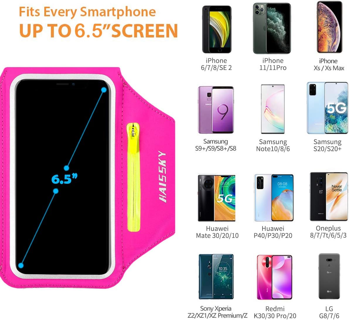 Running Armband with Earphone Bag Cell Phone Armband for iPhone 16 15 Pro 14 Plus 13 11 XR XS, Galaxy S24/S10 Water Resistant Sports Phone Holder Case & Zipper Slot Car Key Holder for 6.7 inch Phone