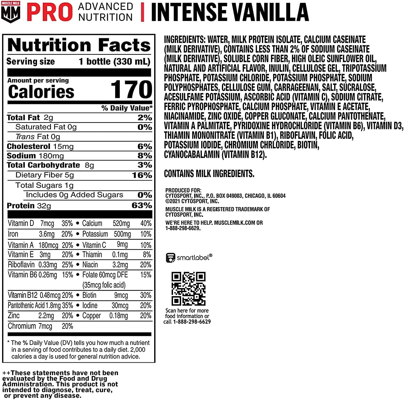 Muscle Milk Pro Advanced Nutrition Protein Shake, Intense Vanilla, 11.16 Fl Oz (Pack of 12), 32g Protein, 1g Sugar, 16 Vitamins & Minerals, 5g Fiber, Workout Recovery, Energizing Snack, Packaging May Vary