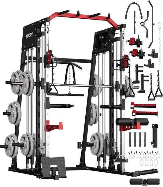 Smith Machine, Power Cage Squat Rack with Cable Crossover, Dual Pulley System, Pull-Up Bar, Home Gym Workout Equipment with Attachments for Strength Training and Weightlifting