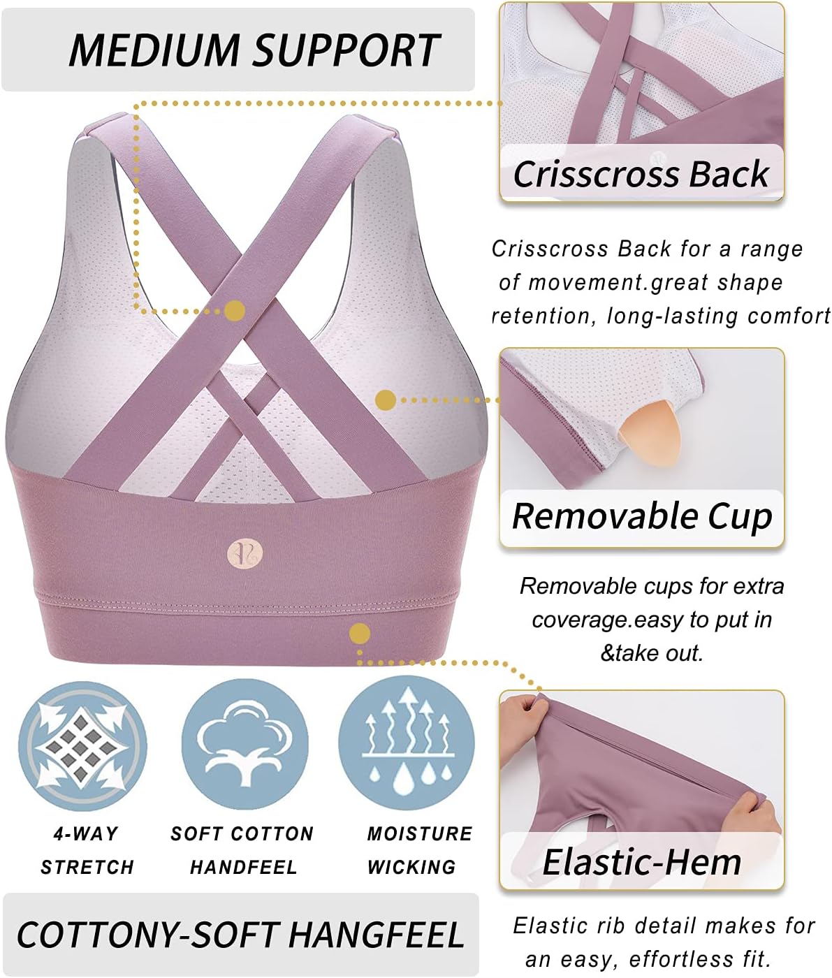 RUNNING GIRL Sports Bra for Women, Criss-Cross Back Padded Strappy Sports Bras Medium Support Yoga Bra with Removable Cups