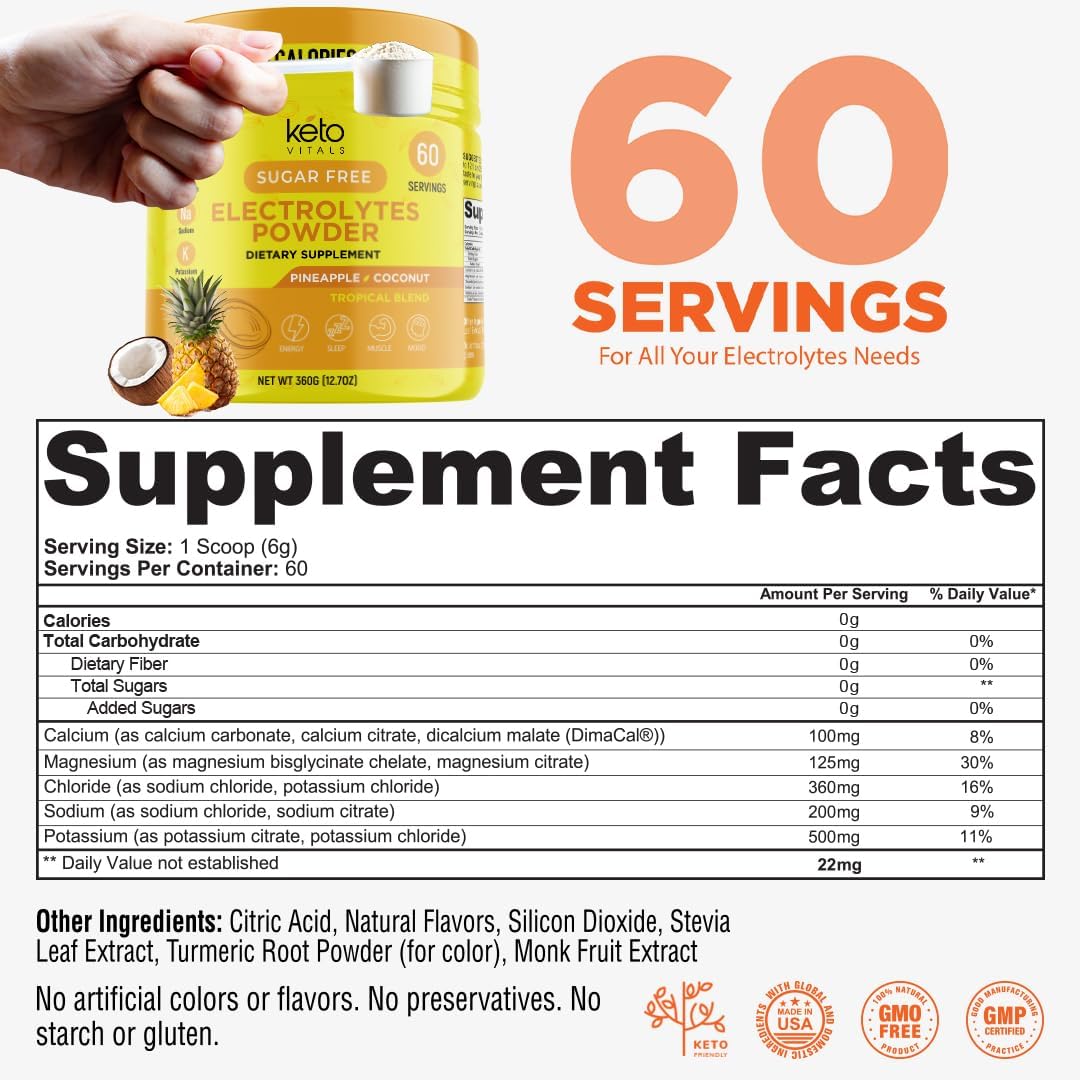 Keto Vitals Electrolytes Powder - Sugar Free Keto Electrolytes Powder with Potassium, Magnesium, Sodium, & Calcium - No Sugar Electrolyte Drink Mix & Hydration Powder, 60 Servings, Pineapple Coconut