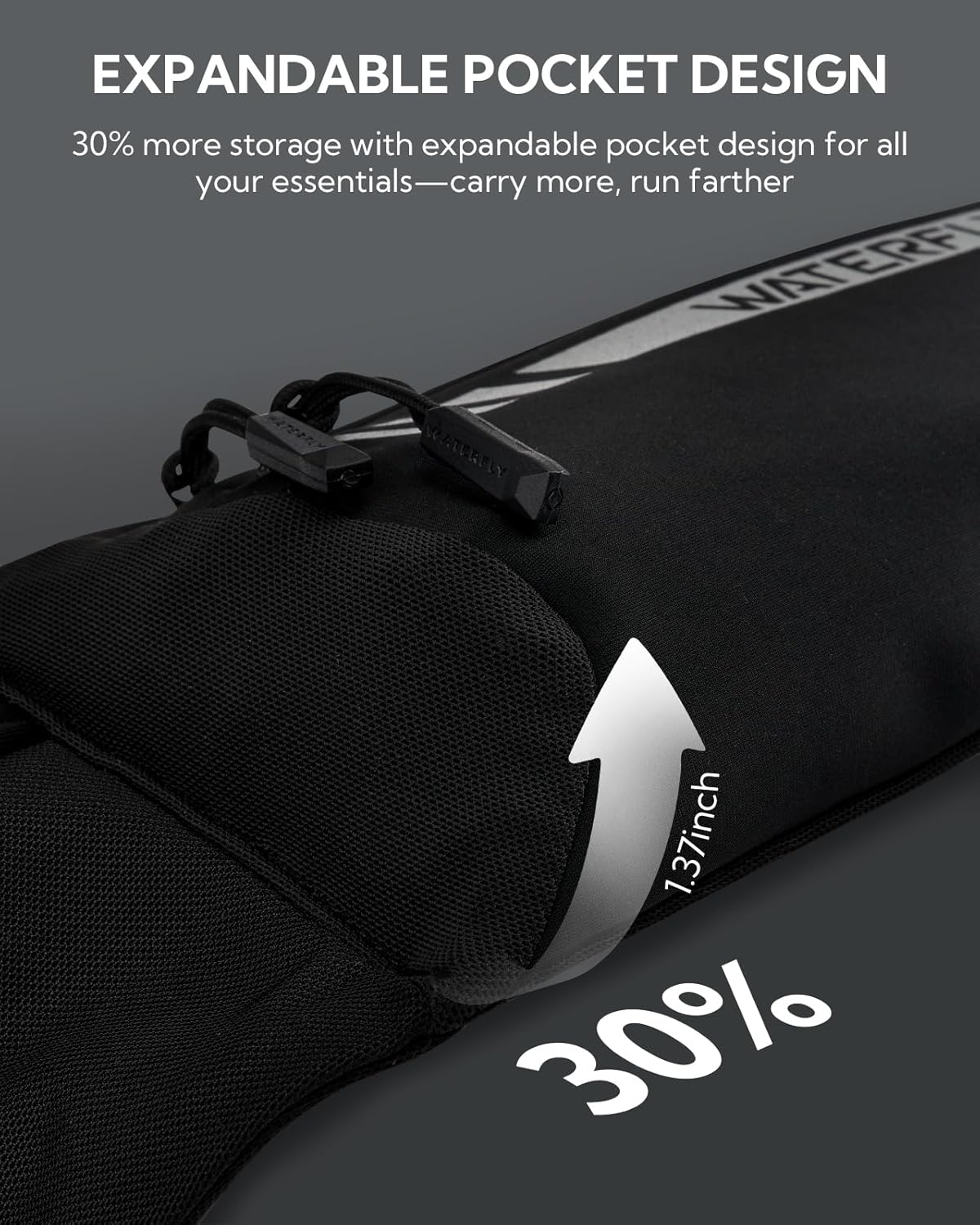 WATERFLY Running Belt Fanny Pack: Slim Breathable 4 Pocket Waist Bag for Men Women Sport Workout Exercise Fitness Phone Holder - Runner Marathon Jogging Waistband Fits ALL Phones Black