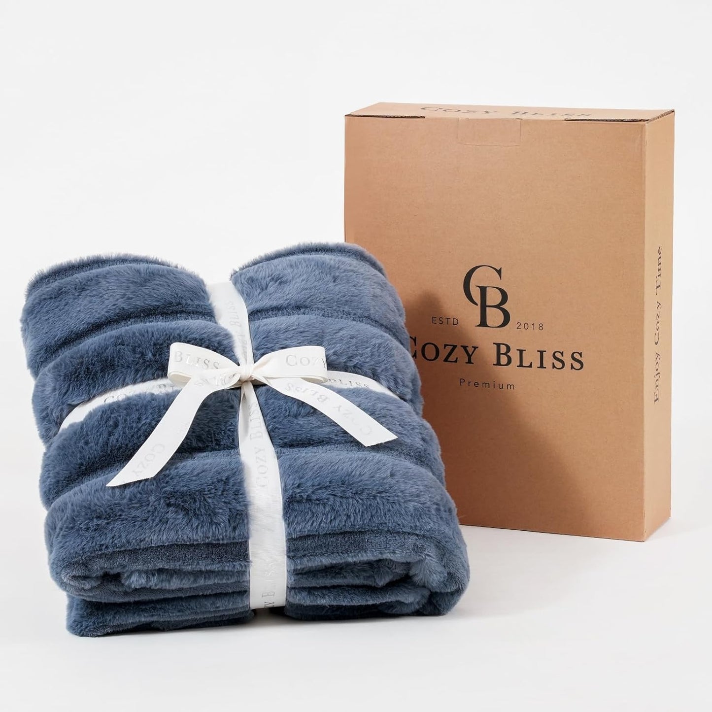 Cozy Bliss Faux Fur Throw Blanket for Couch, Cozy Warm Plush Striped Blanket for Sofa Bedroom Living Room, 90 * 90 Inches Blue