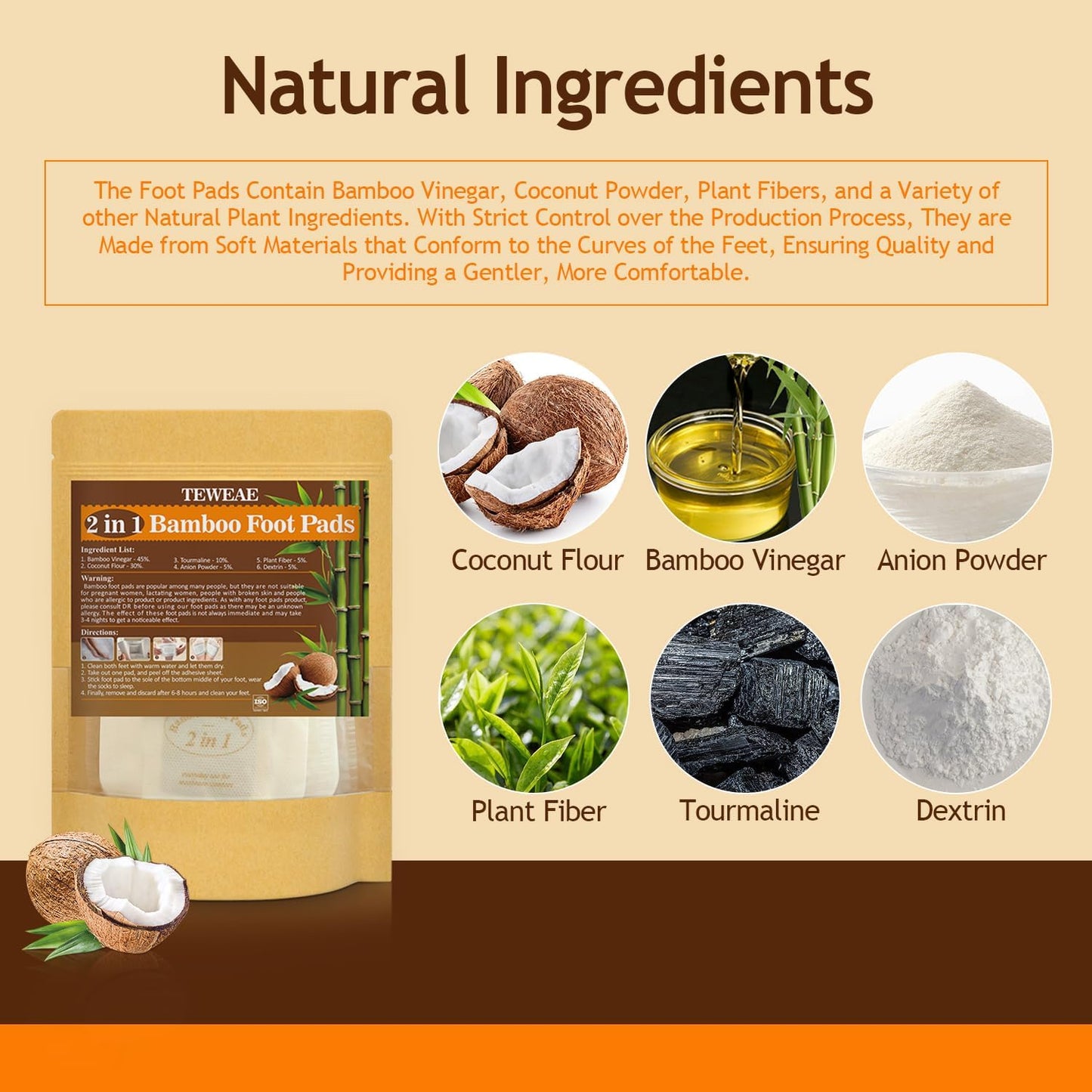 2 in 1 Foot Pads, Bamboo Vinegar Coconut Shell Powder Foot Pads with ''Stay in Place'' Bigger Adhesive Sheet(10 Pads)