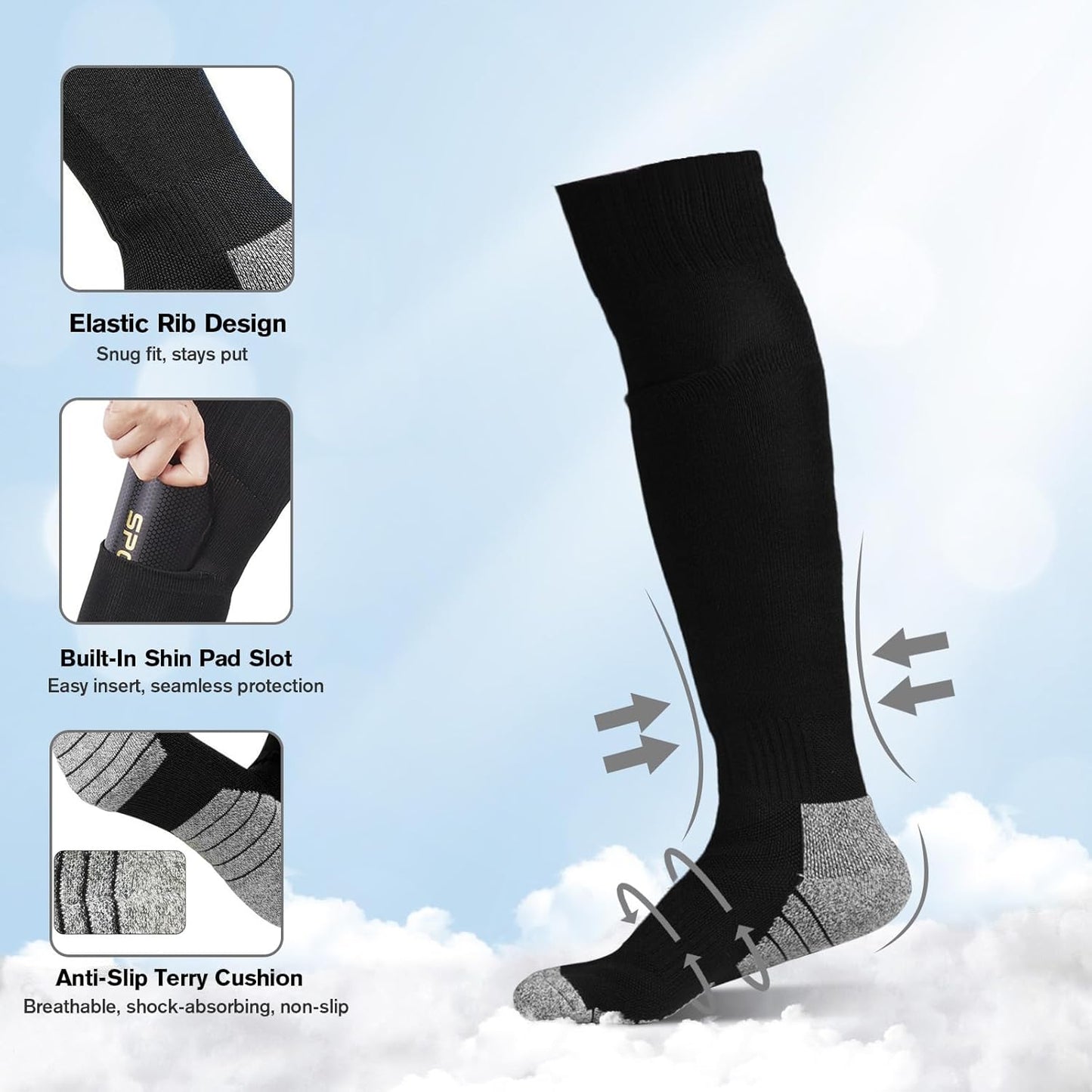 Youth Soccer Shin Guard Socks, Built-in Protective Pads, Kids Knee High Football Athletic Team Socks for Boys Girls