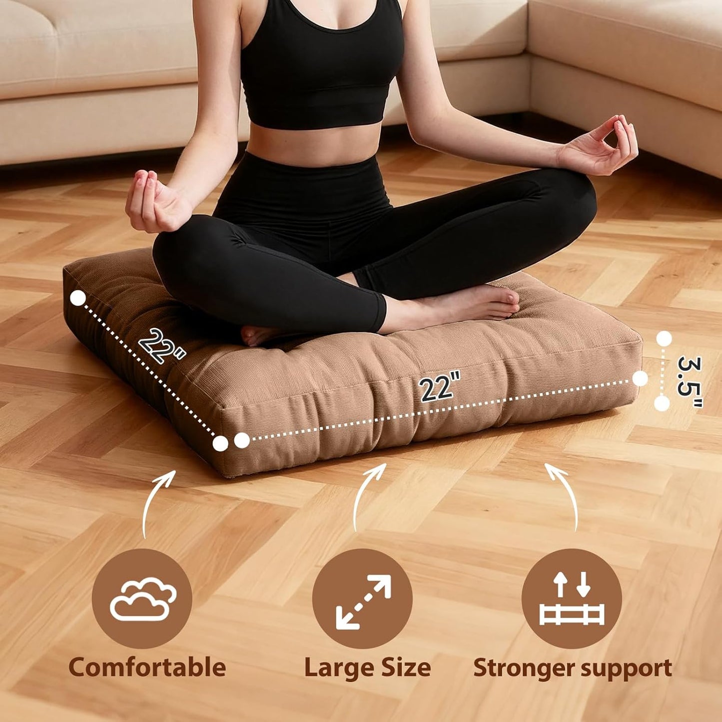 Tiita Meditation Floor Pillows, 22 Inch Square Floor Cushions for Adults, Thicken Tufted Seat Pad Set of 2, Large Floor Cushion for Yoga Garden Living Room Balcony Office Tatami, Coffee