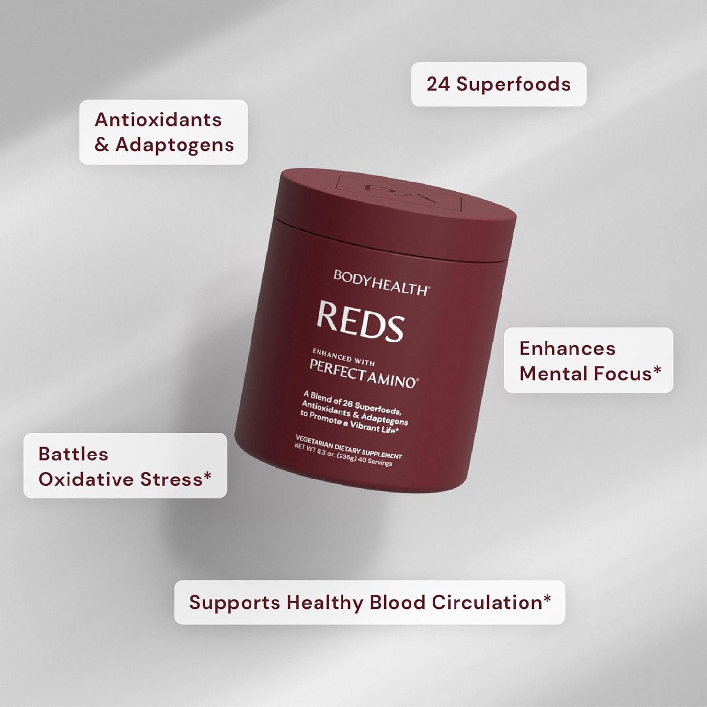 BodyHealth Reds Enhanced with PerfectAmino - Daily Superfood Smoothie Powder with Antioxidants, Adaptogens, Phytonutrients, Fruit, Prebiotics, Probiotics, Fiber, and Protein - 40 Servings