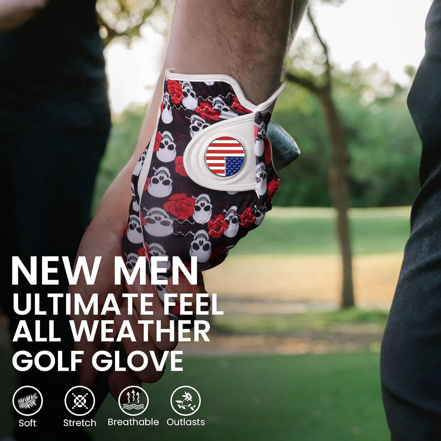 FINGER TEN Golf Gloves Men Left Hand Right with Ball Marker USA Flag Blue Camo Plaid Pack, Mens Leather Golf Glove All Weather Grip Small Medium ML Large XL