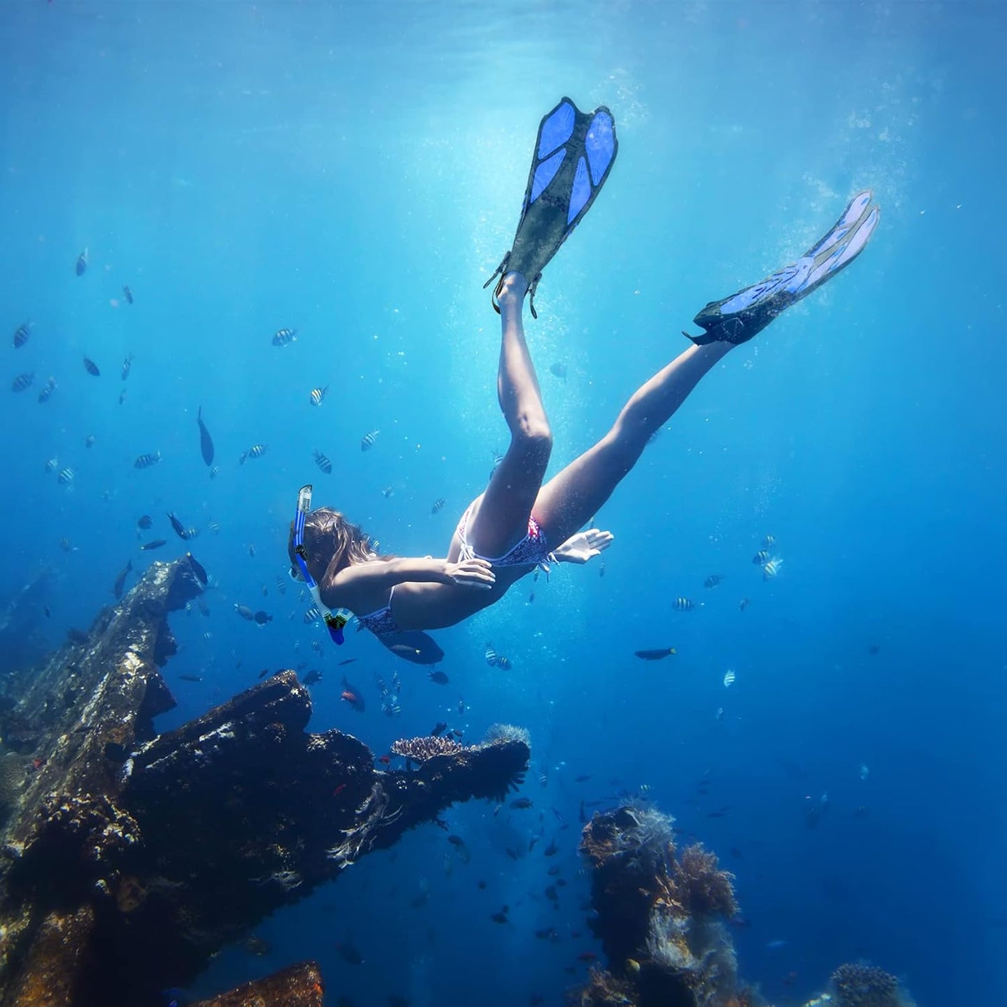 ZEEPORTE Mask Fin Snorkel Set, Travel Size Snorkeling Gear for Adults with Panoramic View Anti-Fog Mask, Trek Fins, Dry Top Snorkel and Gear Bag for Swimming Training, Snorkeling Kit Diving Packages