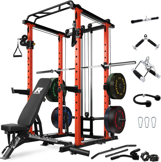RitFit Power Cage with Optional LAT PullDown/Cable Crossover, 1000LB Squat Rack for Home & Garage Gym, with Weight Storage Rack and More Training Attachments, ASTM-Certified