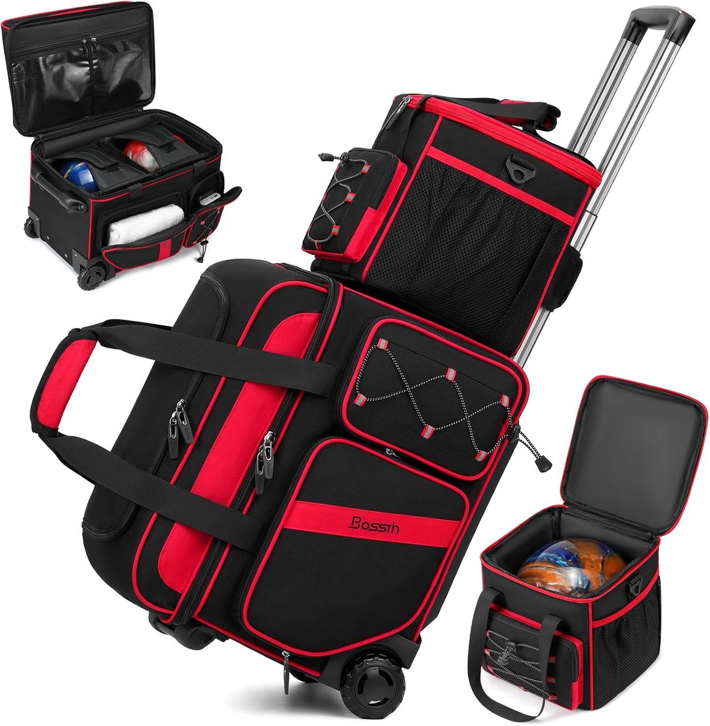 3 Ball Bowling Bag with Wheels, 2 Ball Bowling Bags Double roller with 1 Ball Add On Bag, Multi-Pockets & Shoe Compartment (Fits Up to Size 15)