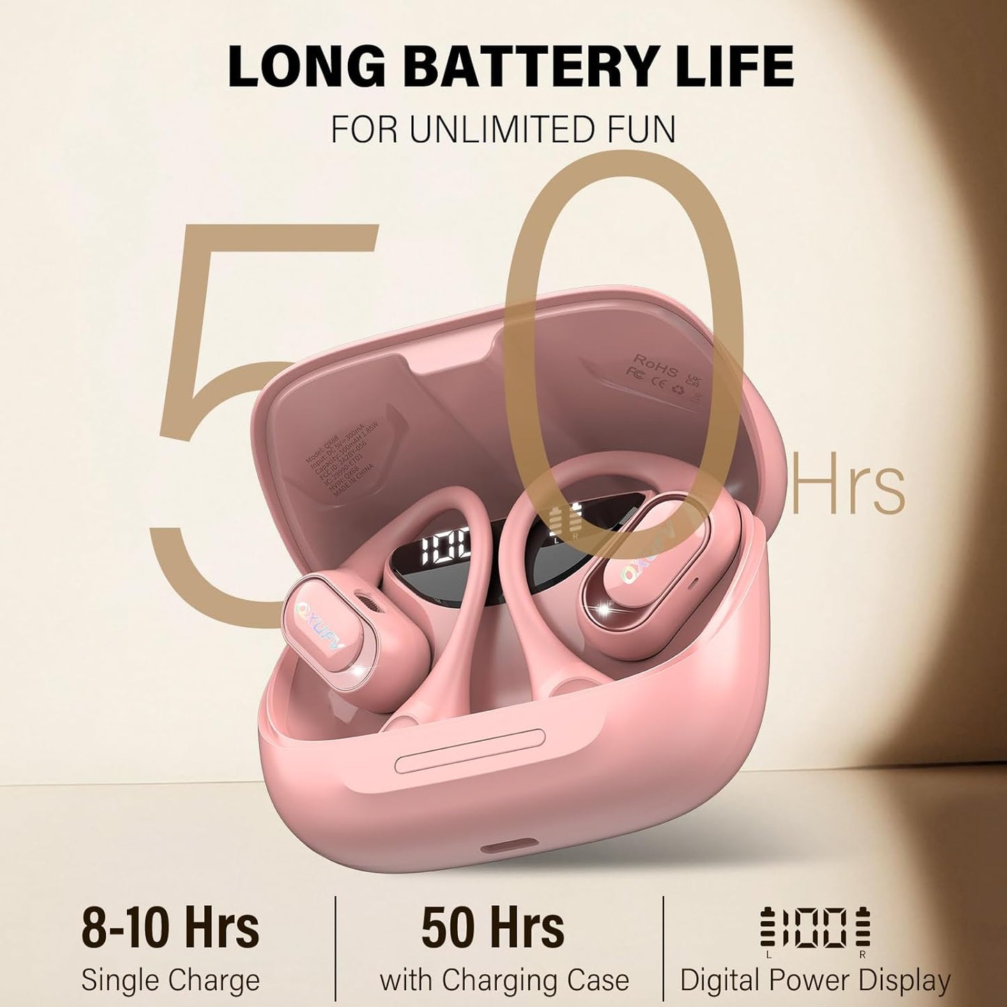 Open Ear Headphones, Bluetooth 5.4 Headphones Sports, Premium Sound with HD Mic Wireless Earbuds, 48H Playtime LED Power Display Ear Buds, IPX7 Lightweight Comfort Earphones for Running, Pink