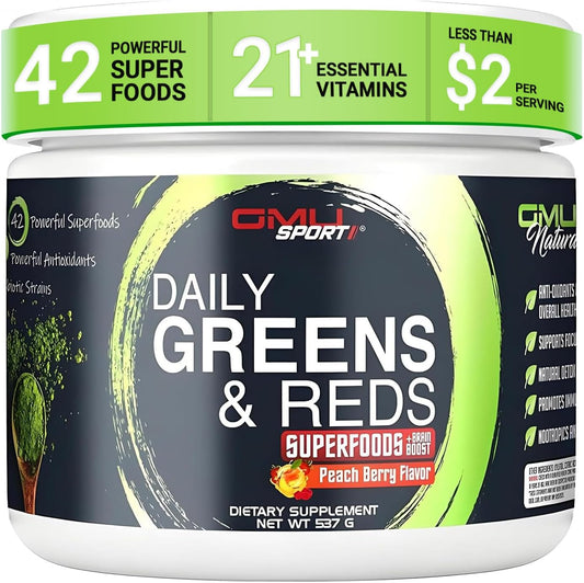 GMU SPORT Daily Greens and Reds, Super Greens Powder, 42 Superfoods, Probiotics, Adaptogens, Antioxidants for Gut Health, Superfood Powder for Mental Focus, Organic Greens Powder - Peach Berry Flavor
