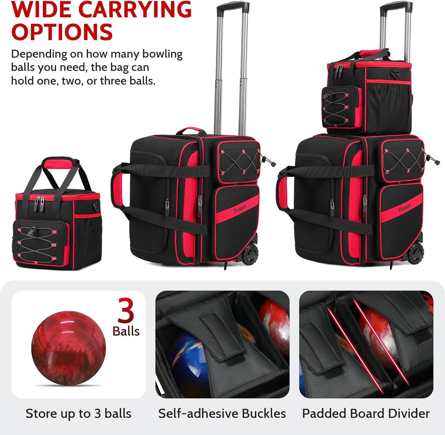 3 Ball Bowling Bag with Wheels, 2 Ball Bowling Bags Double roller with 1 Ball Add On Bag, Multi-Pockets & Shoe Compartment (Fits Up to Size 15)
