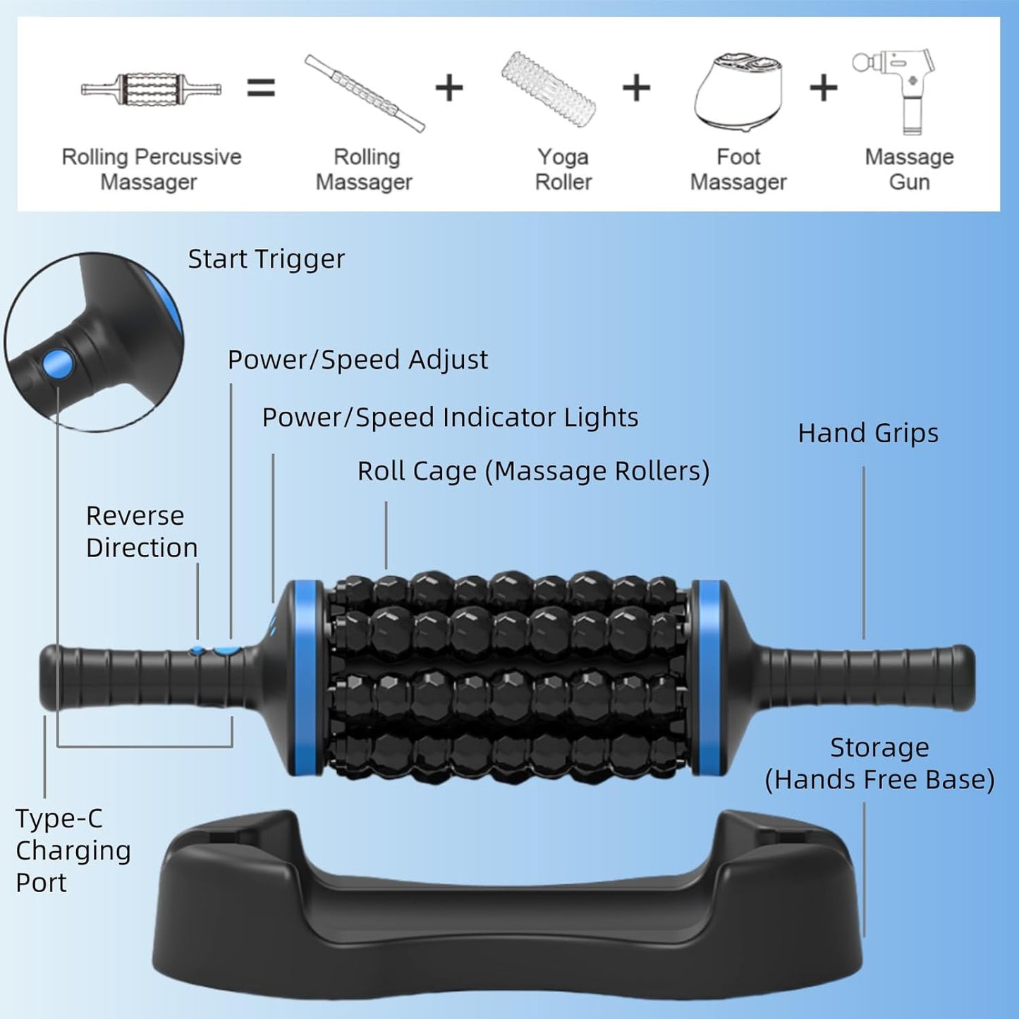 Rolling Percussive Massager – Massage with Auto-Lock for Pain Relief,Deep Tissue Relief & Muscle Relaxation, 5 Intensities, Cordless with Travel Case