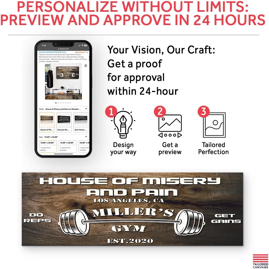 Tailored Canvases Personalized Gym Sign Wall Art Decor - Motivational Canvas for Home Gym, Workout Room, Garage, Fitness Center - Workout Inspirational Posters - House of Misery and Pain, Wooden 36x12in