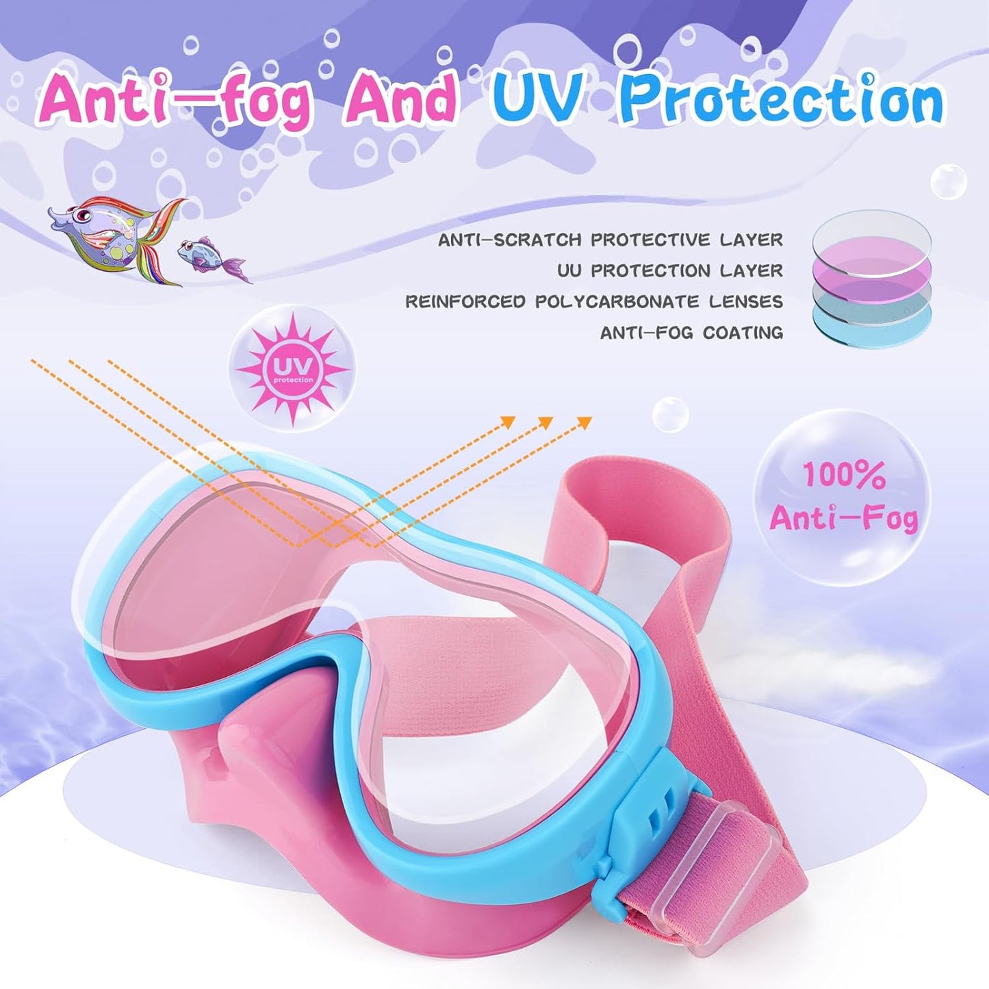 Kids Swim Goggles with Nose Cover, Anti-Leak Swim Mask with Elastic Fabric Strap, UV Protection Swimming Goggles for Kids