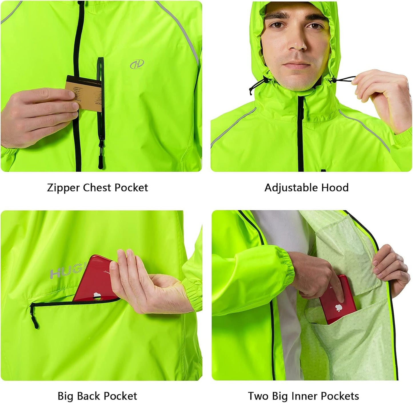 Men's Cycling Running Rain Jacket Lightweight Waterproof Biking Hiking Windbreaker Raincoat Reflective Packable