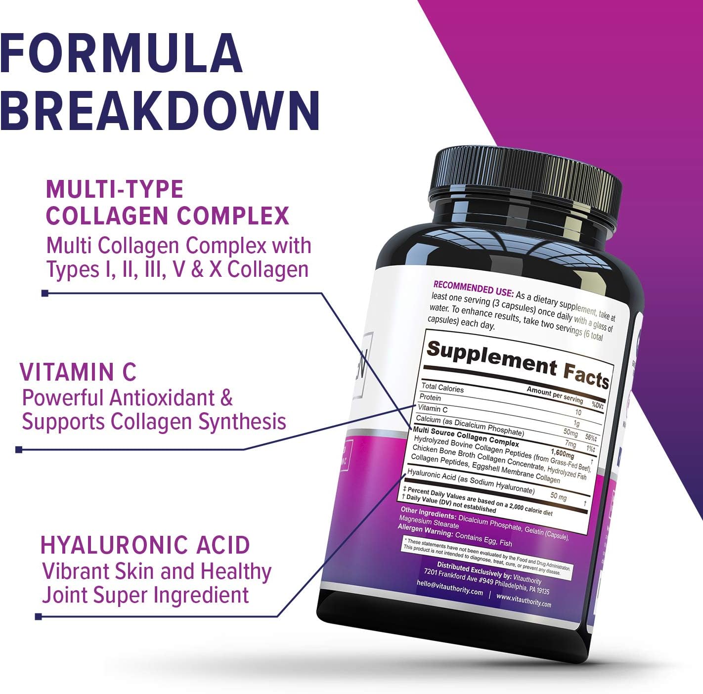 Multi Collagen Peptides Capsules for Women - Hydrolyzed Collagen for Women Pills with Types I II III V & X Plus Vitamin C & Hyaluronic Acid for Beautiful Hair Skin and Nails - 60 Servings