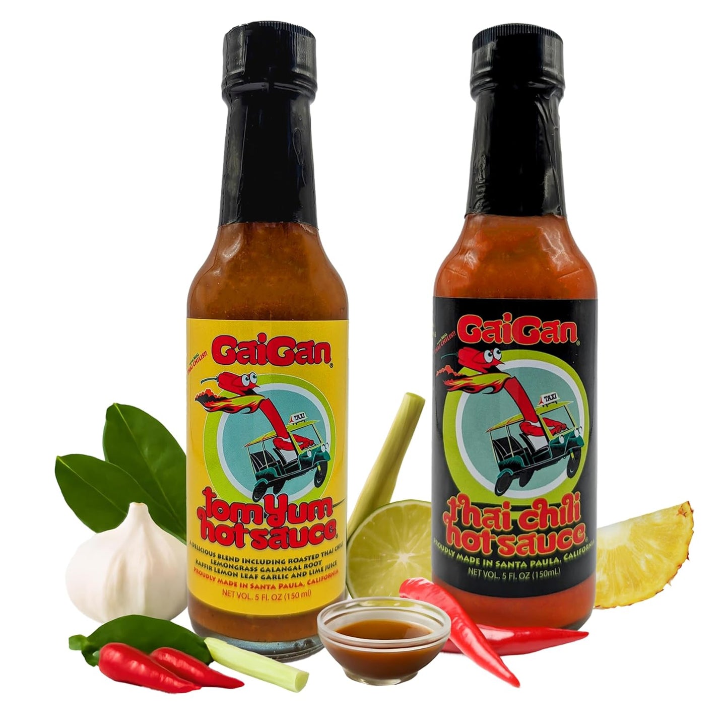 GaiGan - Tom Yum Hot Sauce/Soup Mix & Pineapple Thai Chili Combo Set, Low-Calorie All-Natural Vegan Condiments, Gluten Free with Low Sodium & No Preservatives, 2 Hot Sauce Bottles (150 mL) per Pack