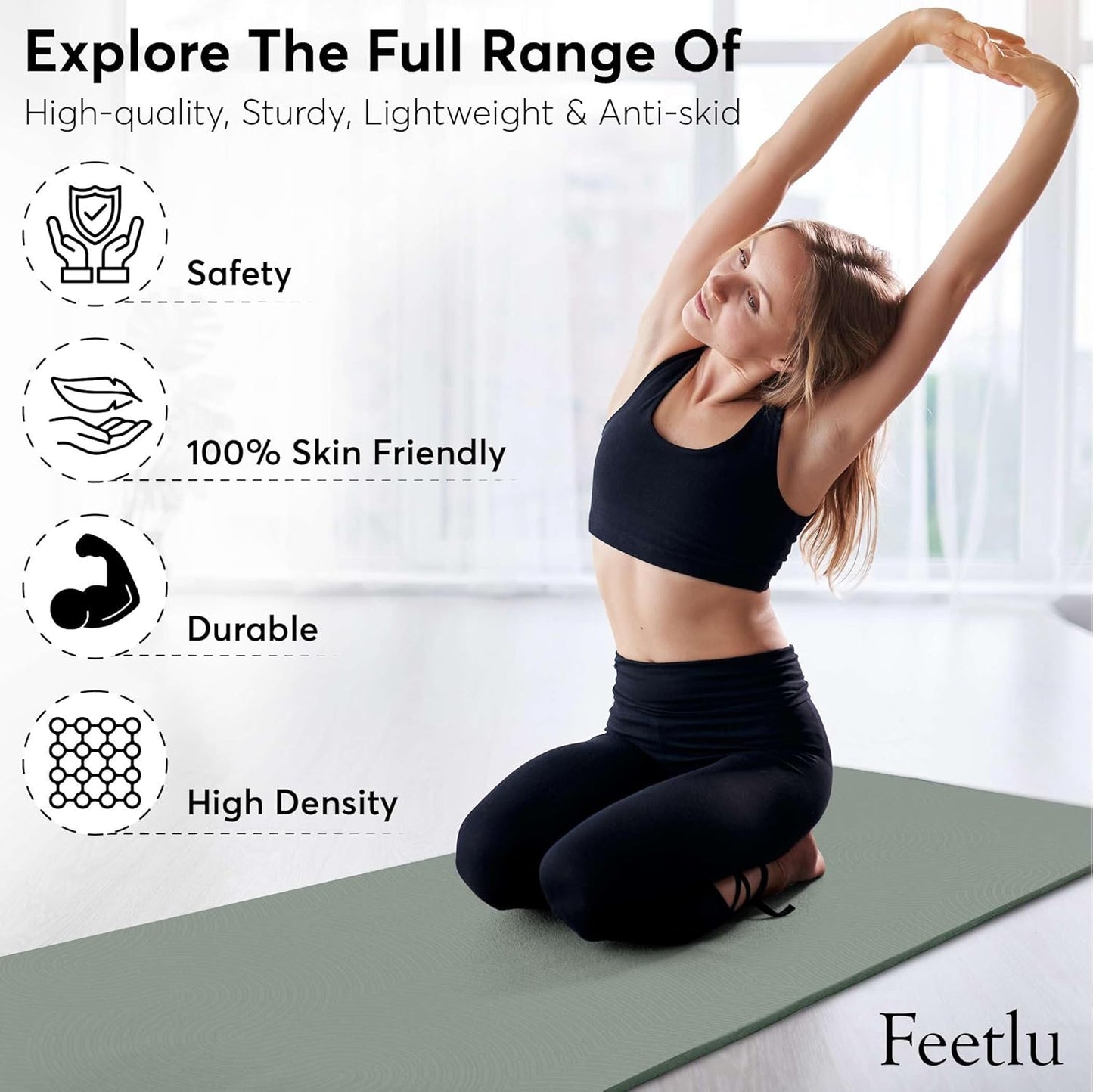 Extra Thick 12mm Exercise Mat – Non-Slip, Joint-Friendly & Cushioned Fitness Mat for Yoga, Pilates & Floor Workouts – Durable, Supportive & Includes Feetlu Classic Strap